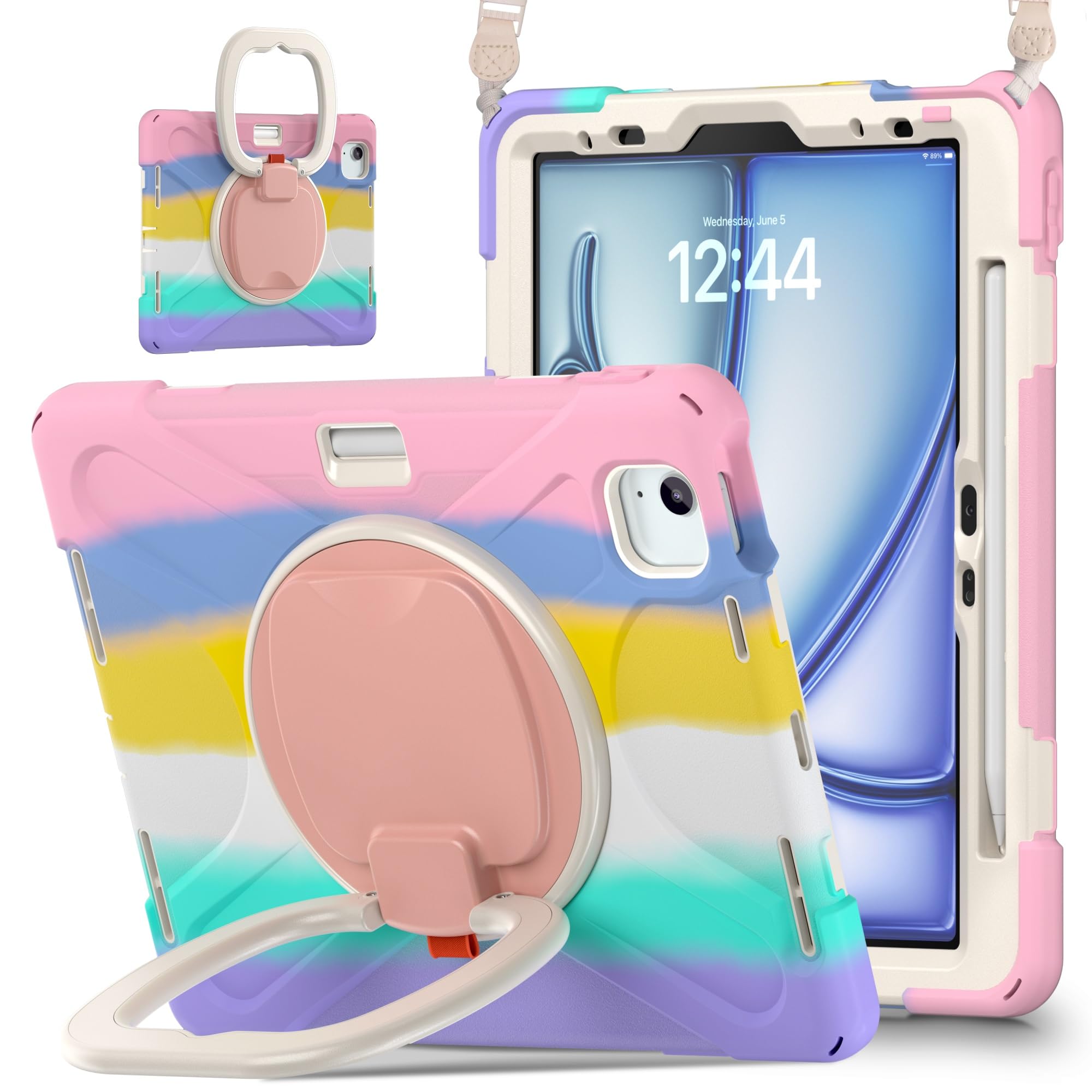 Etui kompatybilne z iPad Pro 11/Air4/Air 5 2022/2021/2020/2018, odporna na wstrząsy wytrzymała obudowa obrotową podstawką 360 stopni, pasek rękę/ramię, tablet(Pembe)