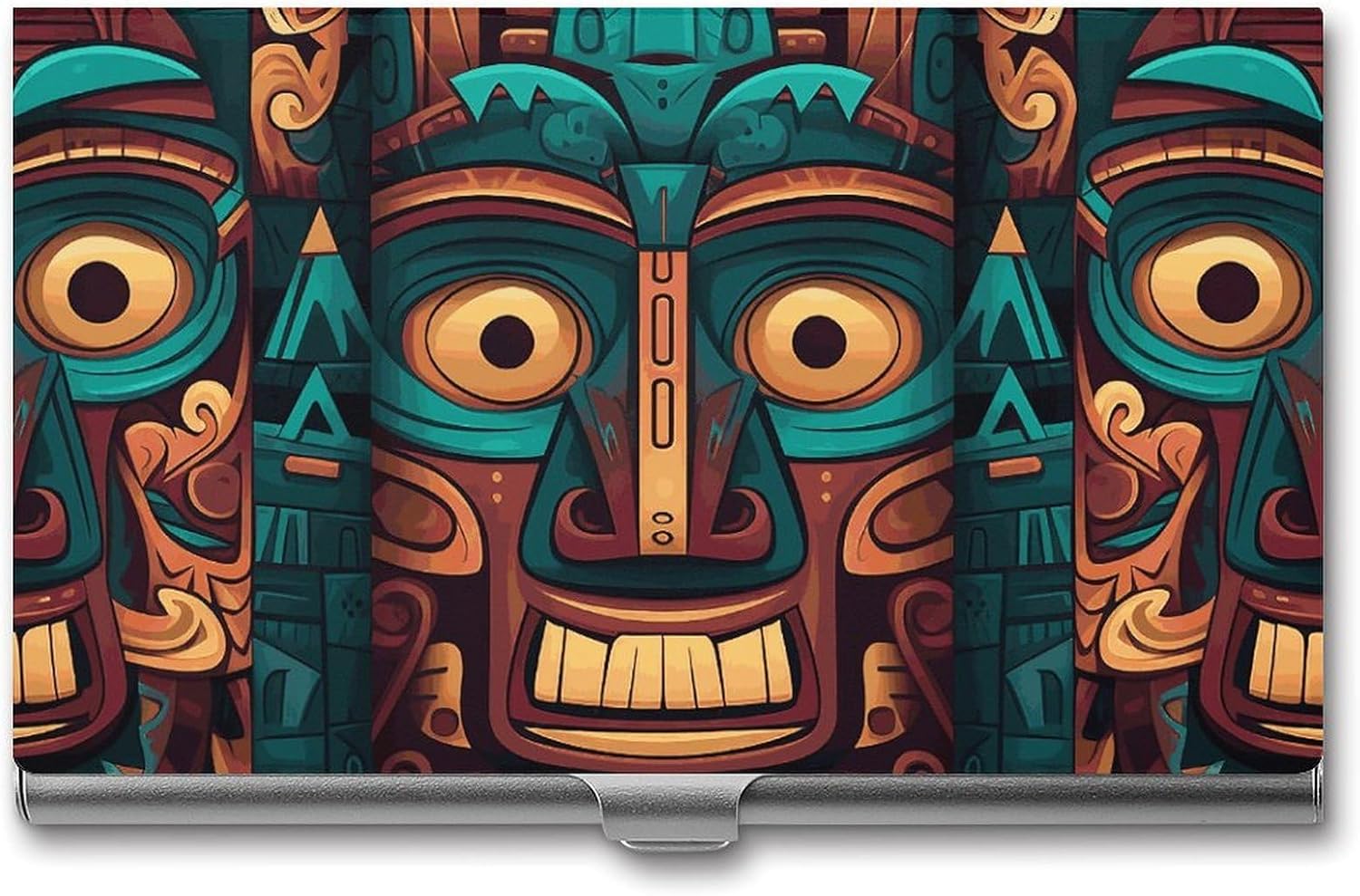 Business Card Holder Tribal Mask Pattern Business Card Case Slim Business Card Organizer with Magnetic Shut Professional Metal Name Card Holder Carry-on Pocket Wallet for Men Women