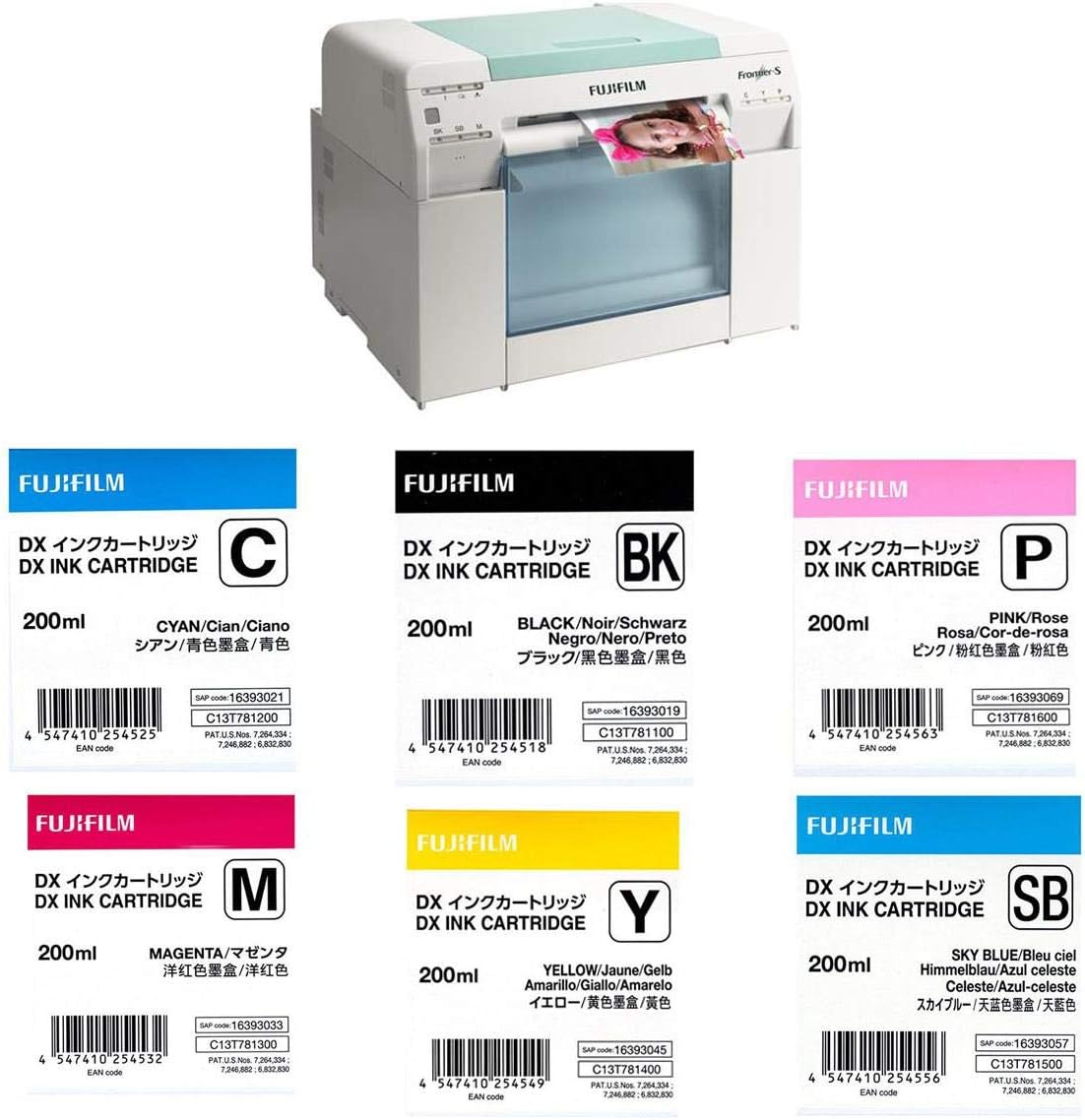 Fujifilm Frontier-S DX100 Inkjet Photo Printer - with Ink Bundle Consists of Fuji DX VIVIDIA Ink Cartridge 200 ML Black/Cyan/Magenta/Yellow/SkyBlue/Pink
