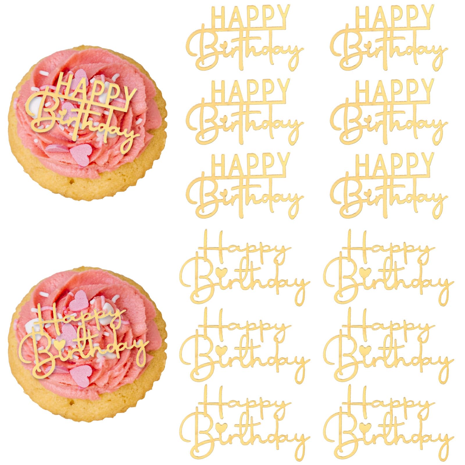 12 Pcs Gold Happy Birthday Cake Toppers Mirror Acrylic Cake Decorations 2 Styles Cupcake Toppers Happy Birthday Sign Acrylic Gold Mirror Inserts for Party Cakes Decorations DIY Baking Supplies