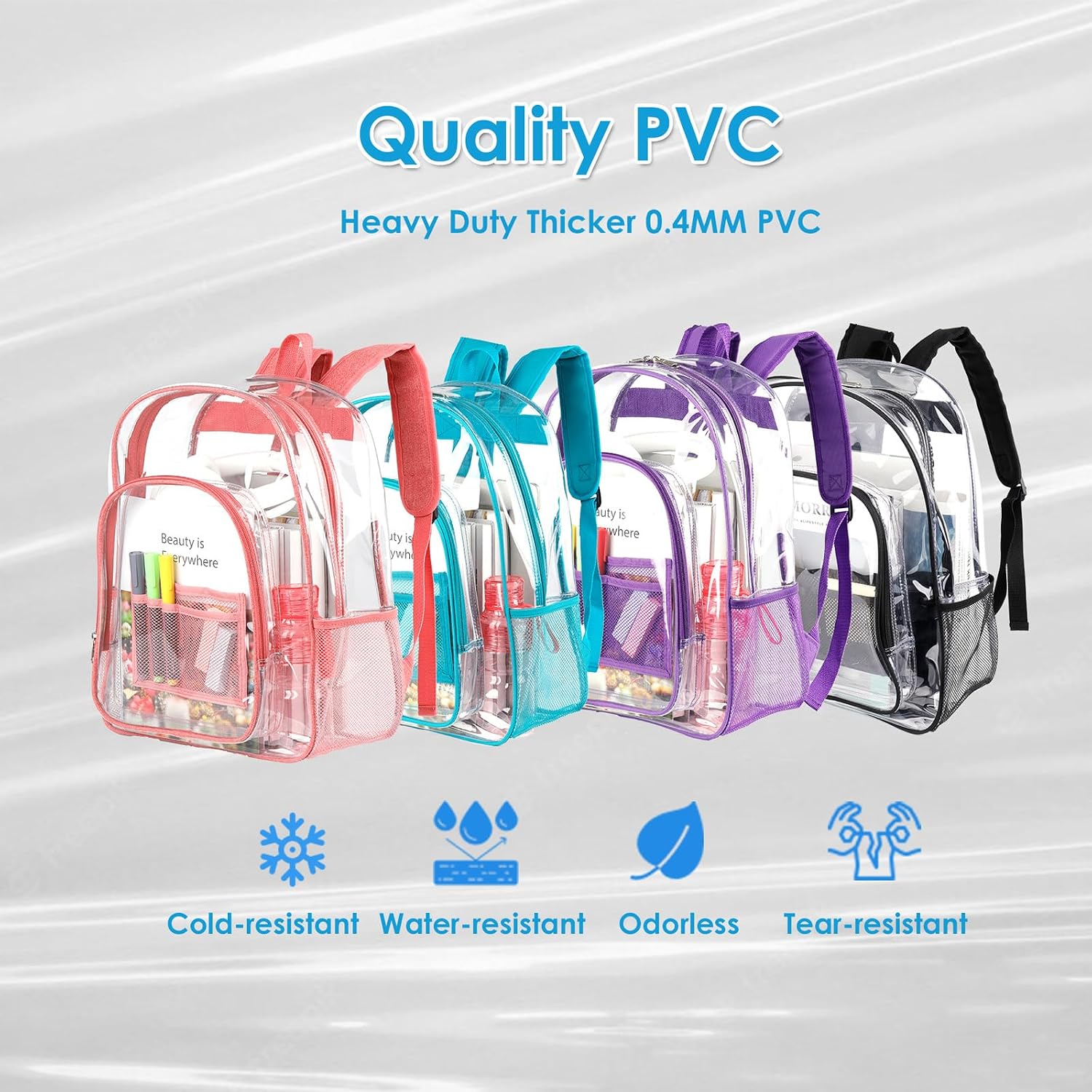 Keepcross Clear Backpack Heavy Duty PVC Clear Bookbag with Reinforced Straps for School College Work, Transparent Backpack See Through for Boys Girls Adults - Black