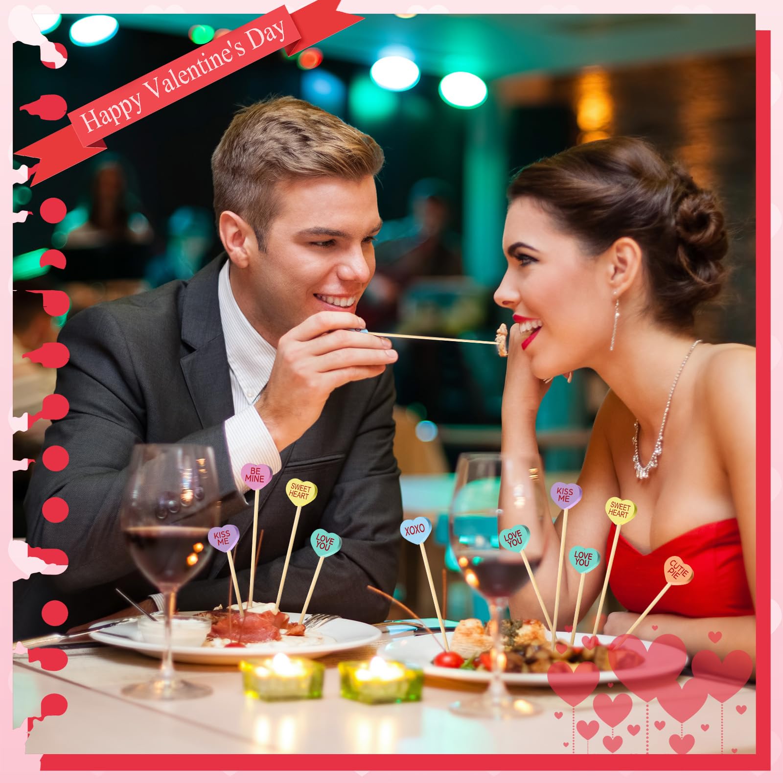 Maxcheck 600 palillos de cóctel para el día de San Valentín, 4.7 pulgadas, corazones surtidos, palillos de bambú para aperitivos, palitos de frutas para decoración de fiestas, 6 estilos (corazón)