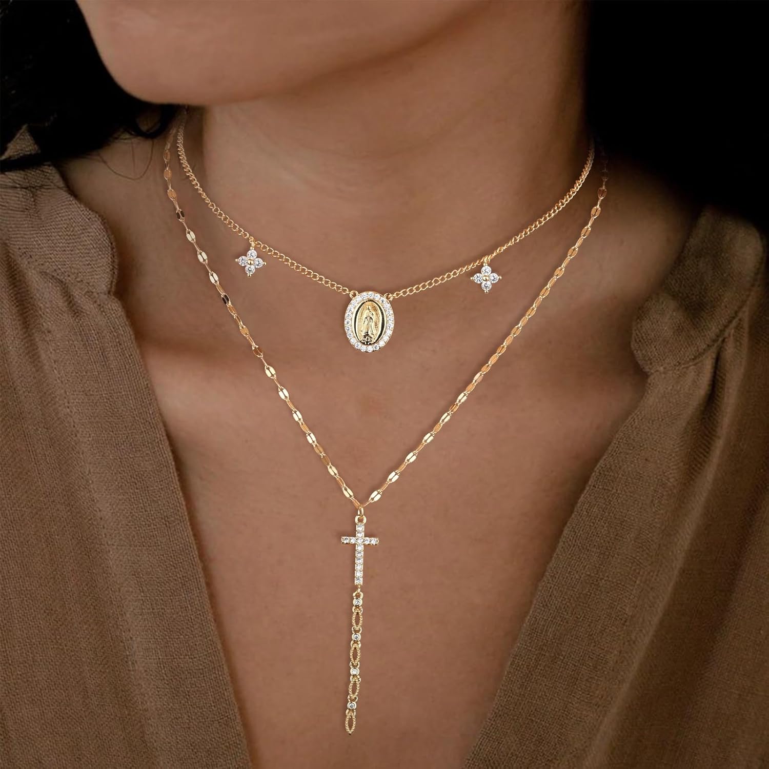FEEL STYLE Cross Necklace for Women - Gold Plated Dainty Virgin Mary Necklace - Layered Choker Necklace Religious Jewelry - Image 4