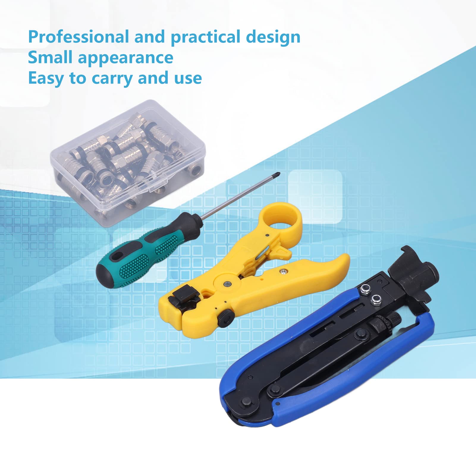 Kit crimpatrice per cavi coassiali con strumento di compressione coassiale regolabile per connettori RG59 RG6 RG11 F Include spelafili per l'installazione di cavi di rete