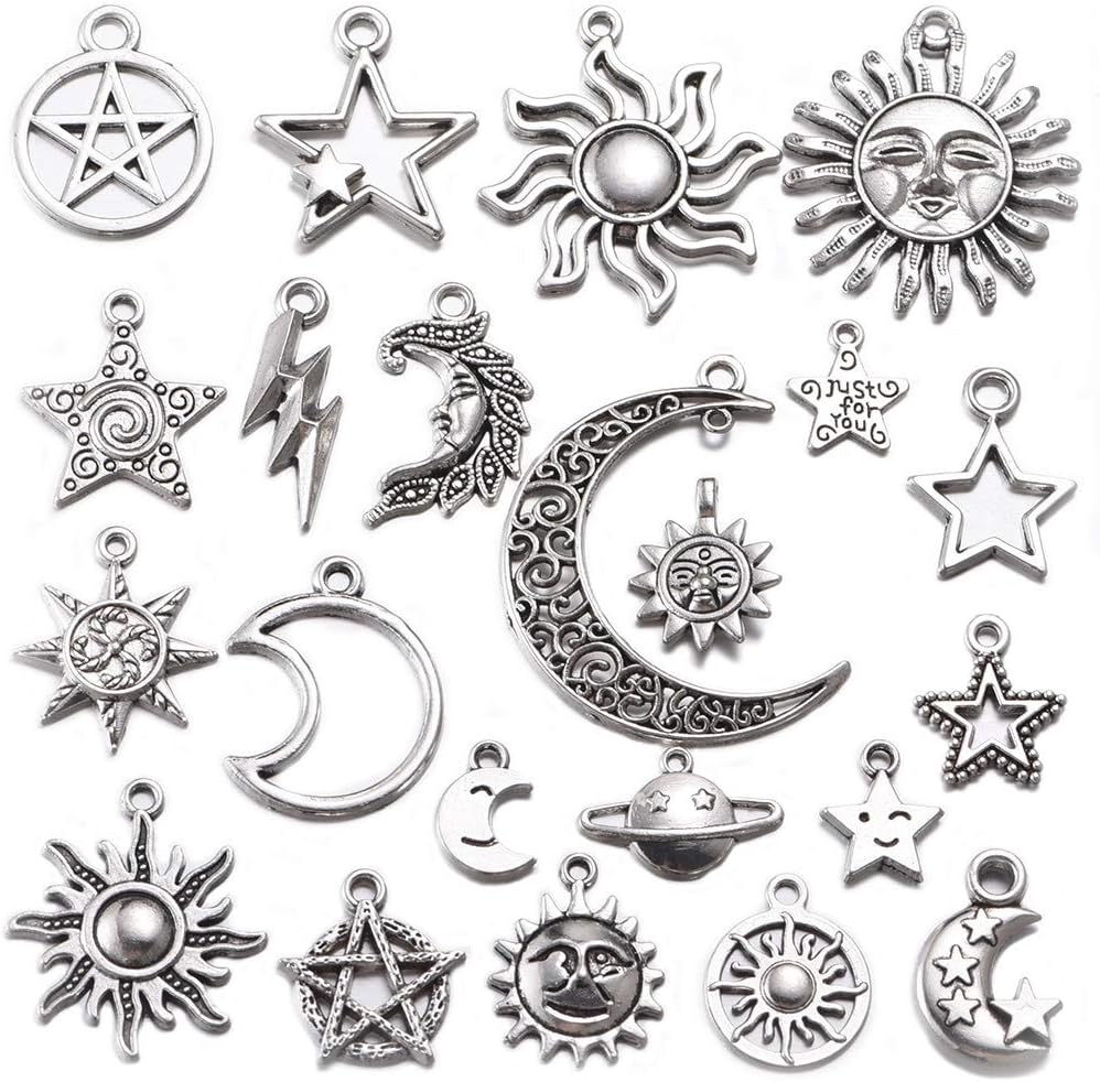 100g Mixed Antique Silver Sun Star Moon Charms Pendants DIY Bracelets Necklace Jewelry Making Craft Wholesale (A469)