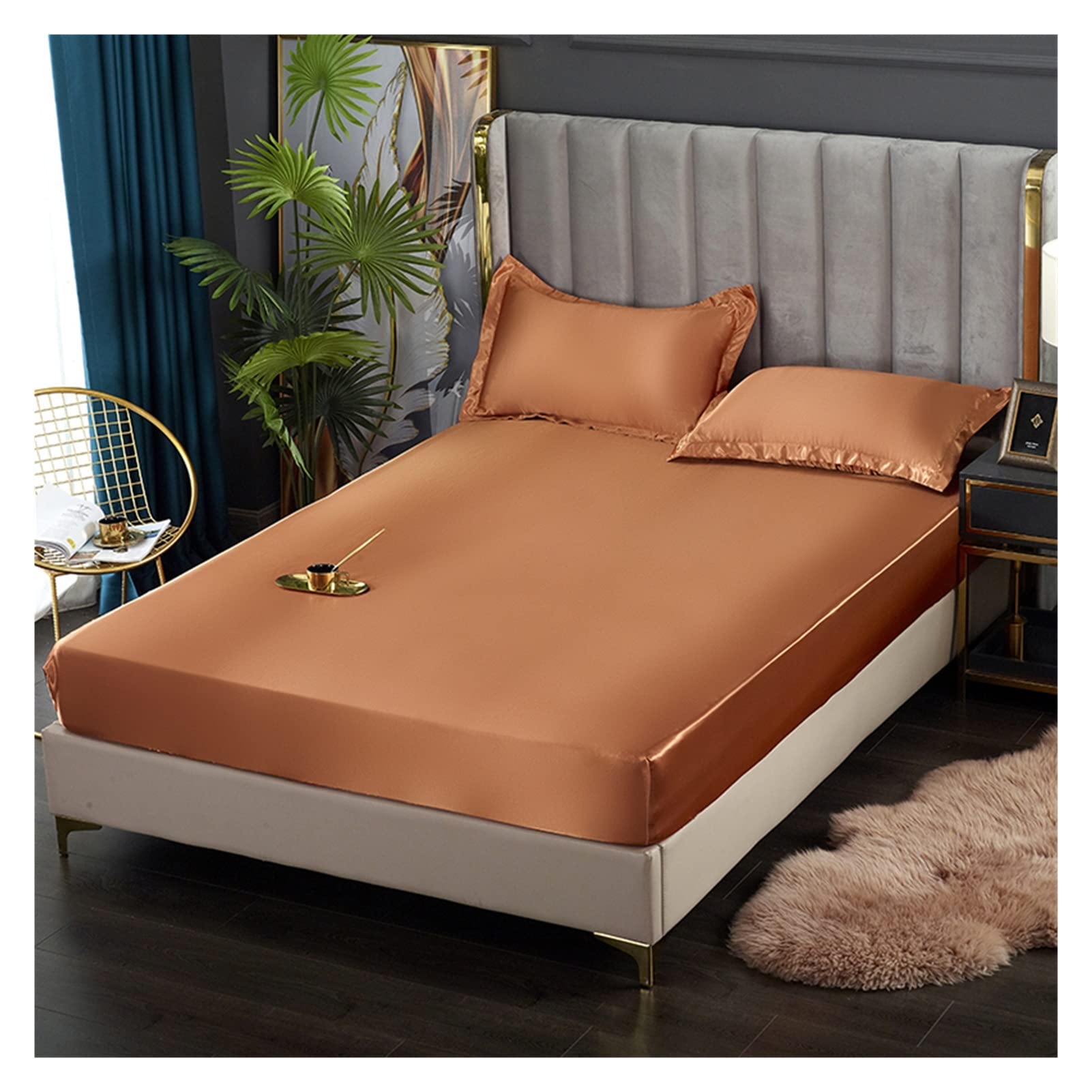 Ice Silk Bettlaken Spannbettlaken Satin Viskose Bettlaken Hochwertiger einfarbiger Matratzenbezug Gummiband Bettlaken 160x200 FüR Boxspringbetten Und HerköMmliche Matratzen(Ka fe se,180x200x25cm)