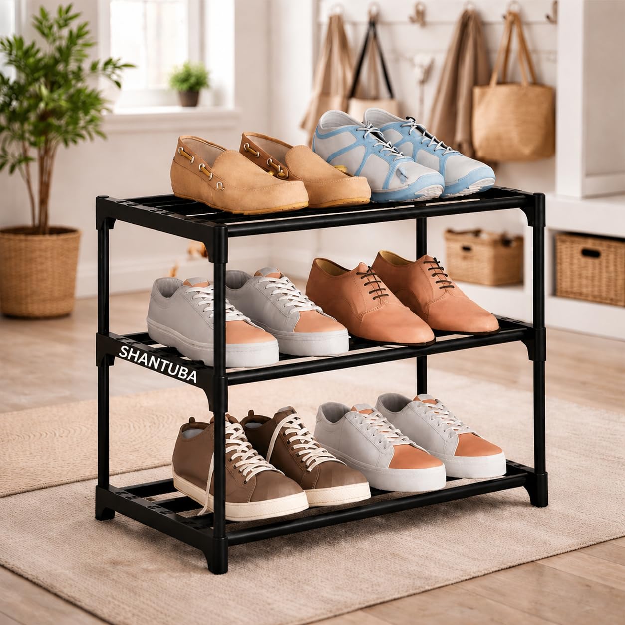 Shantuba Shoe Rack, Compact Storage Organiser for FootwearKrusis 3-Tier Plastic Shoe Rack | Space-Saving Foldable Footwear Organizer Stand | Heavy Duty Multipurpose Storage Shelf for Entryway & Home-image-4