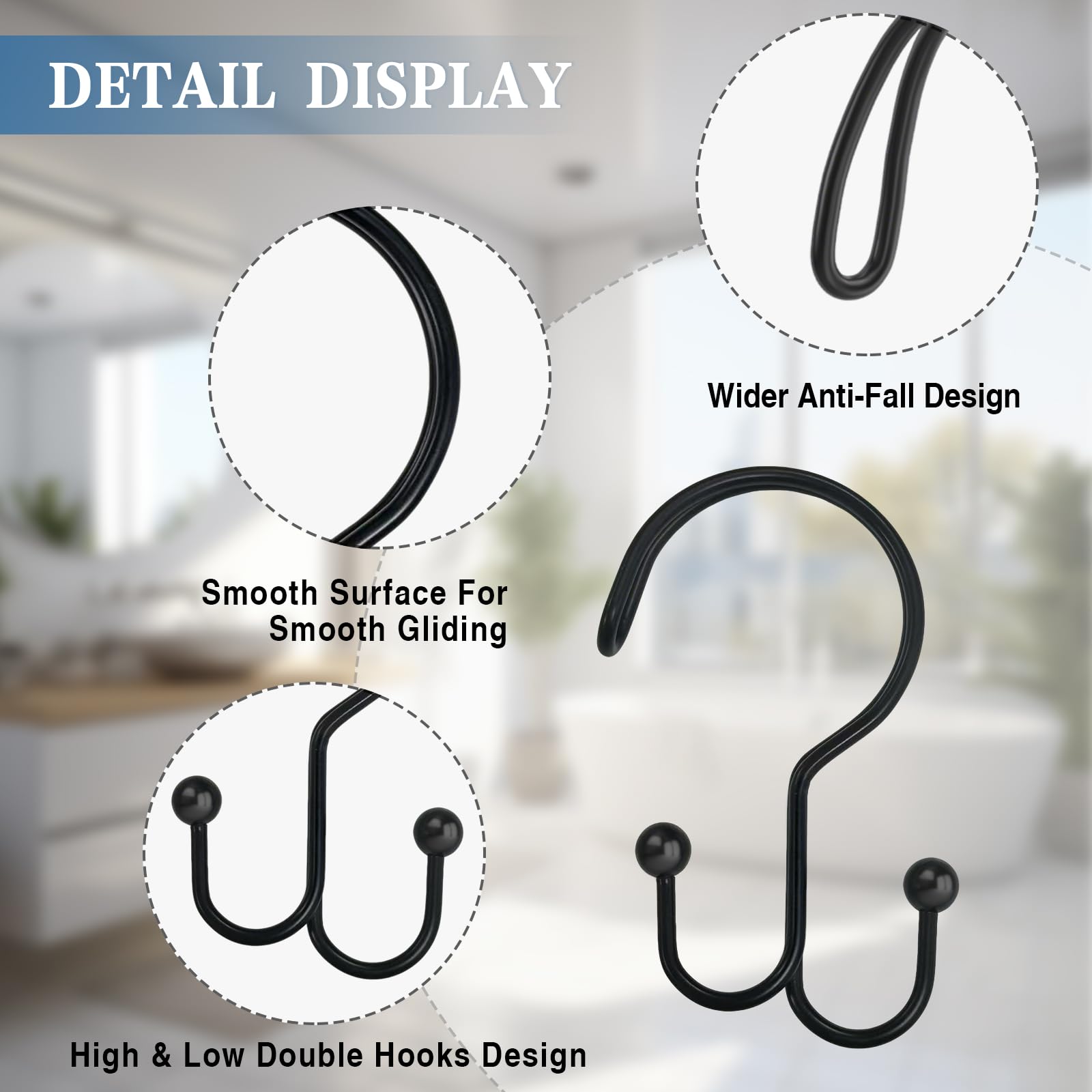 OEH - Ganci per tenda da doccia, ganci per tenda da doccia neri, antiruggine, doppi ganci decorativi per tenda da doccia, anelli da doccia anti-goccia per tende e fodere, nero, confezione da 12