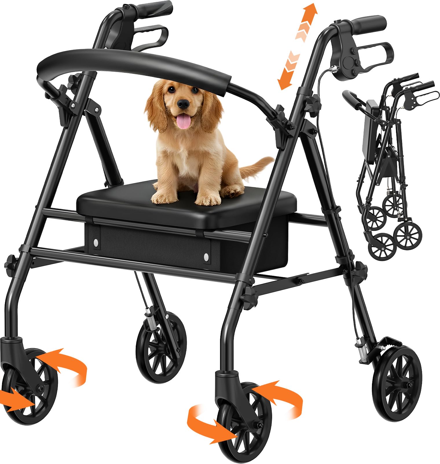 Andador Rollator con Asiento y Almacenamiento – Ayuda de Marcha Ligera y Plegable de 4 Ruedas para Adultos Mayores y Discapacitados, Uso Interior y Exterior, Negro