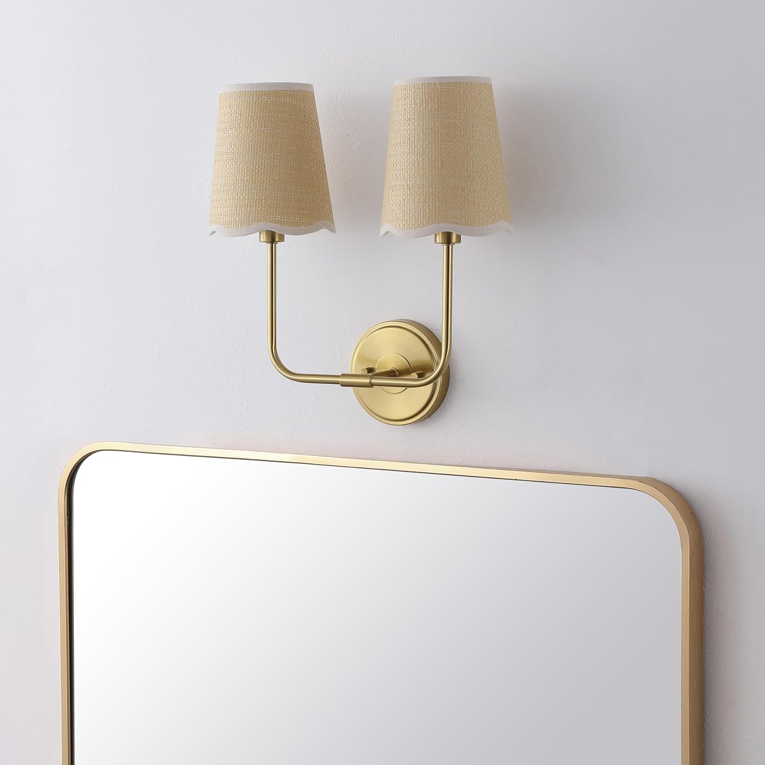 JONATHAN Y 15" Brown/White/Brass Gold LED Vanity Light, Traditional Wall Sconce Light, Scalloped Rope Fabric Shade for Bathroom Bedroom Hallway, LED Bulb Included (JYL1608A)