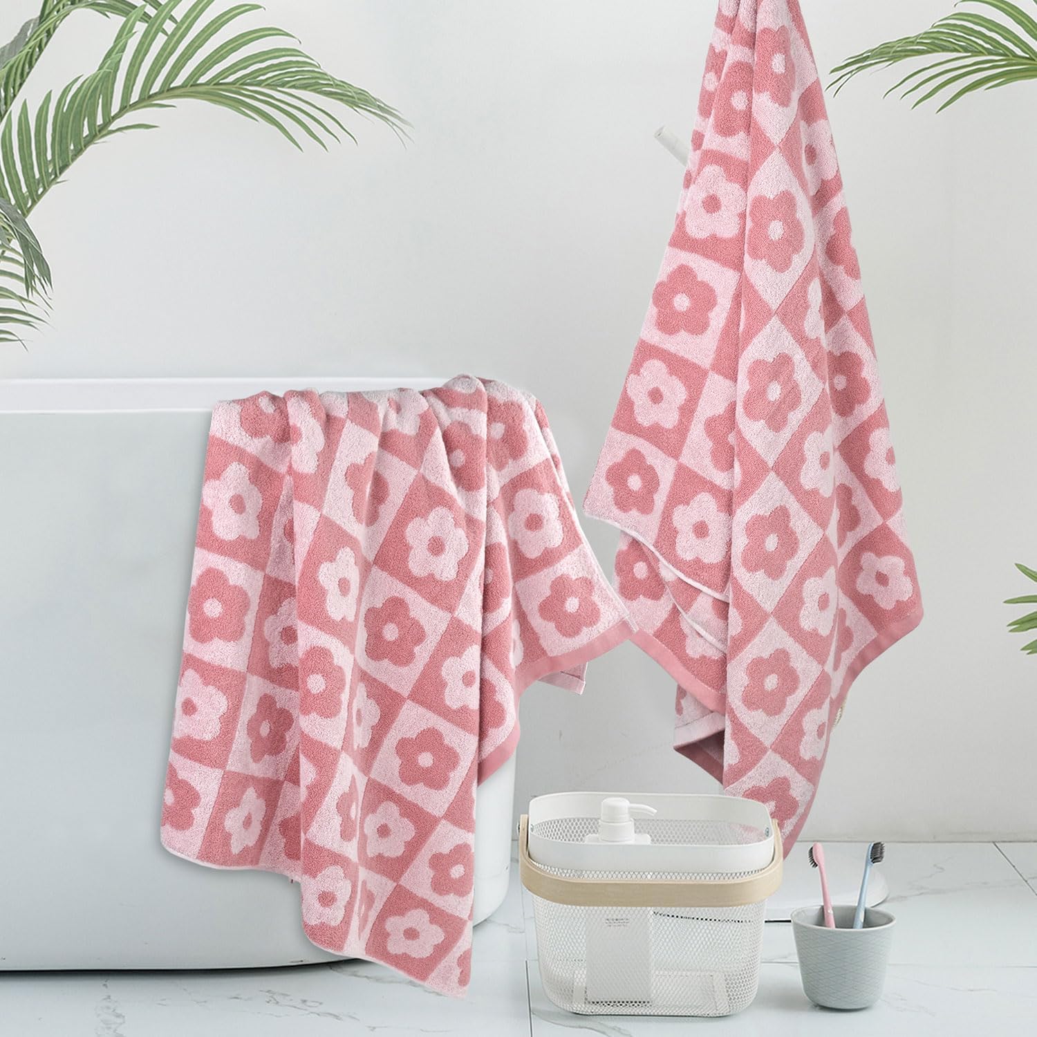 2-Pieces Luxury Bath Towels Checkered Floral, Pink Towels for Women Girls Shower Body 27.5x55 Inches, Cute Decor for Bathroom & Pool Days, Cotton