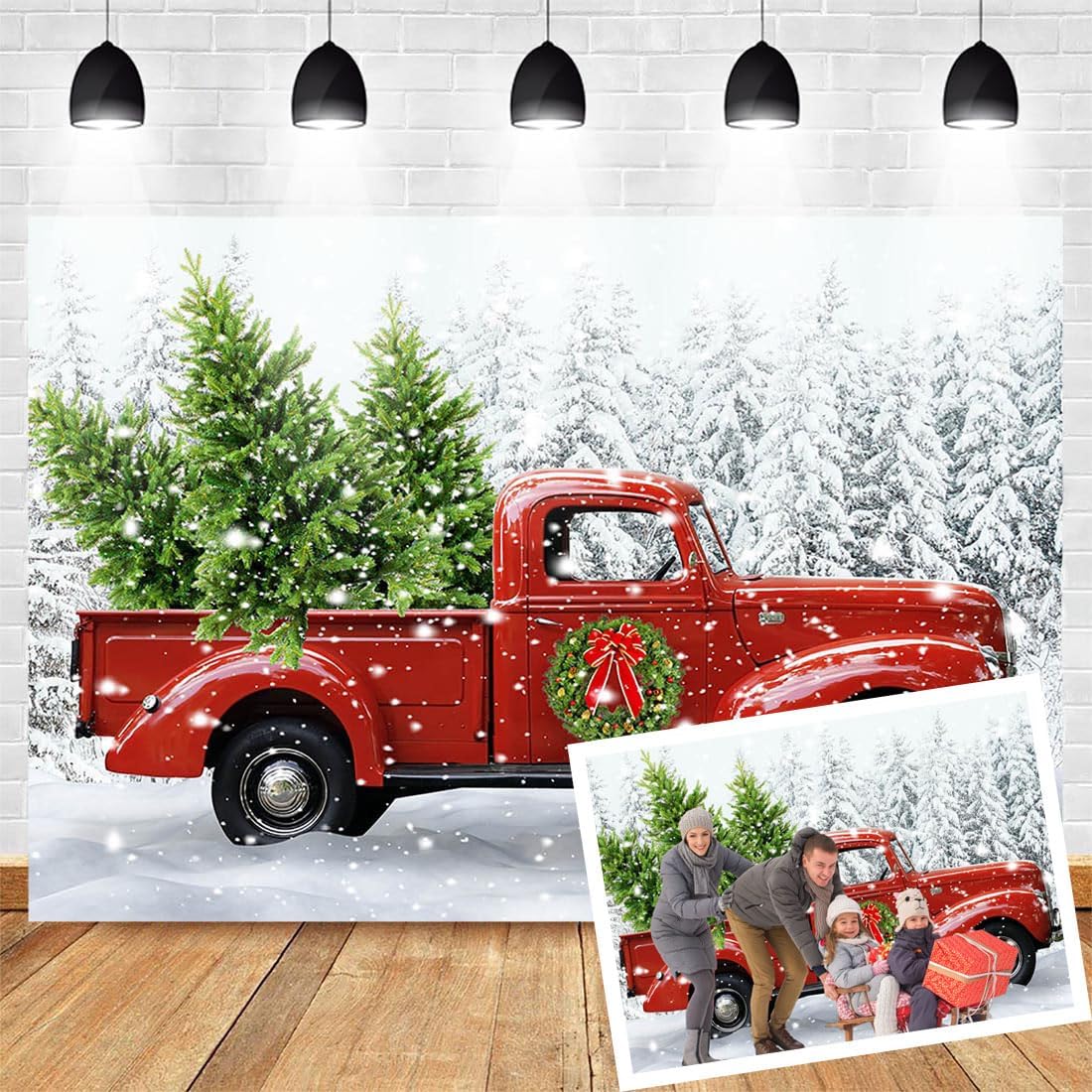 Avezano Christmas Red Truck Backdrop Snowy Pine Tree Xmas Home Decorations Merry Christmas Party Background Winter Holiday Family Kids Portrait Photobooth Supplies(7x5ft)