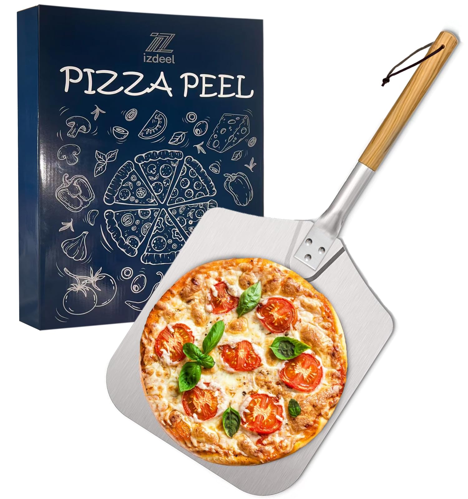 Pala para Pizza 12 inch Espatula Pizza con Superficie Grande 31 cm x 33 cm - Longitud Completa 68cm, Aluminio Anodizado Duradero y Manija en Madera Maciza Natural, Mango Extraíble