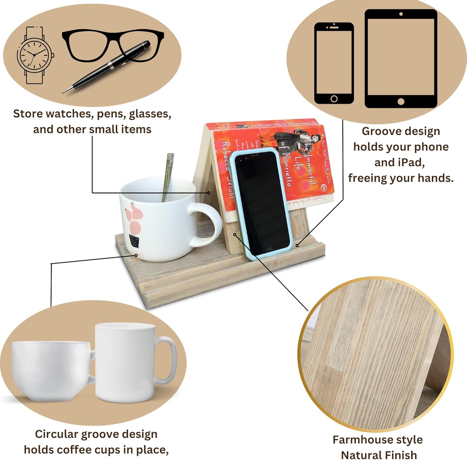 Wooden Book Rest Stand, Besuerte Triangle Book Holder with Coffee Cup Tray, Gifts for Book Lovers No Assembly Needed, Book Nook Reading Valet, Book Minder for Bedroom, Reading Nook, Natural, Large