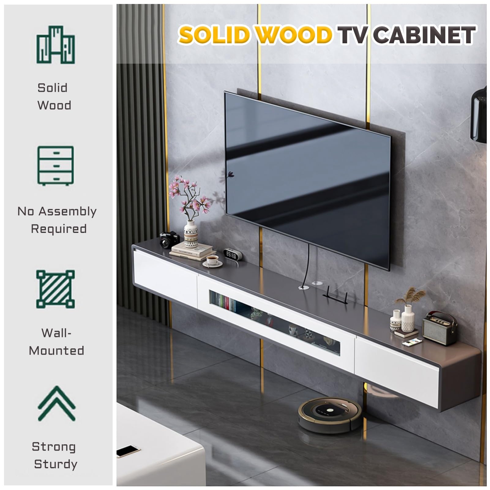 Mobile TV sospeso a Parete con cassetti e Ante, consolle multimediale in Legno montata a Parete con Foro per Cavi e Router, Moderno scaffale portaoggetti per Centro di intrat,A-200x24x20cm