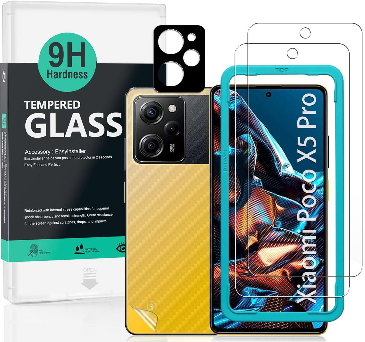 Ibywind Screen Protector For Xiaomi Poco X5 Pro 5G(6.67"),with 2Pcs Tempered Glass,1Pc Camera Len Protector,1Pc Backing Carbon Fiber Film[Fingerprint Reader,Easy to install]