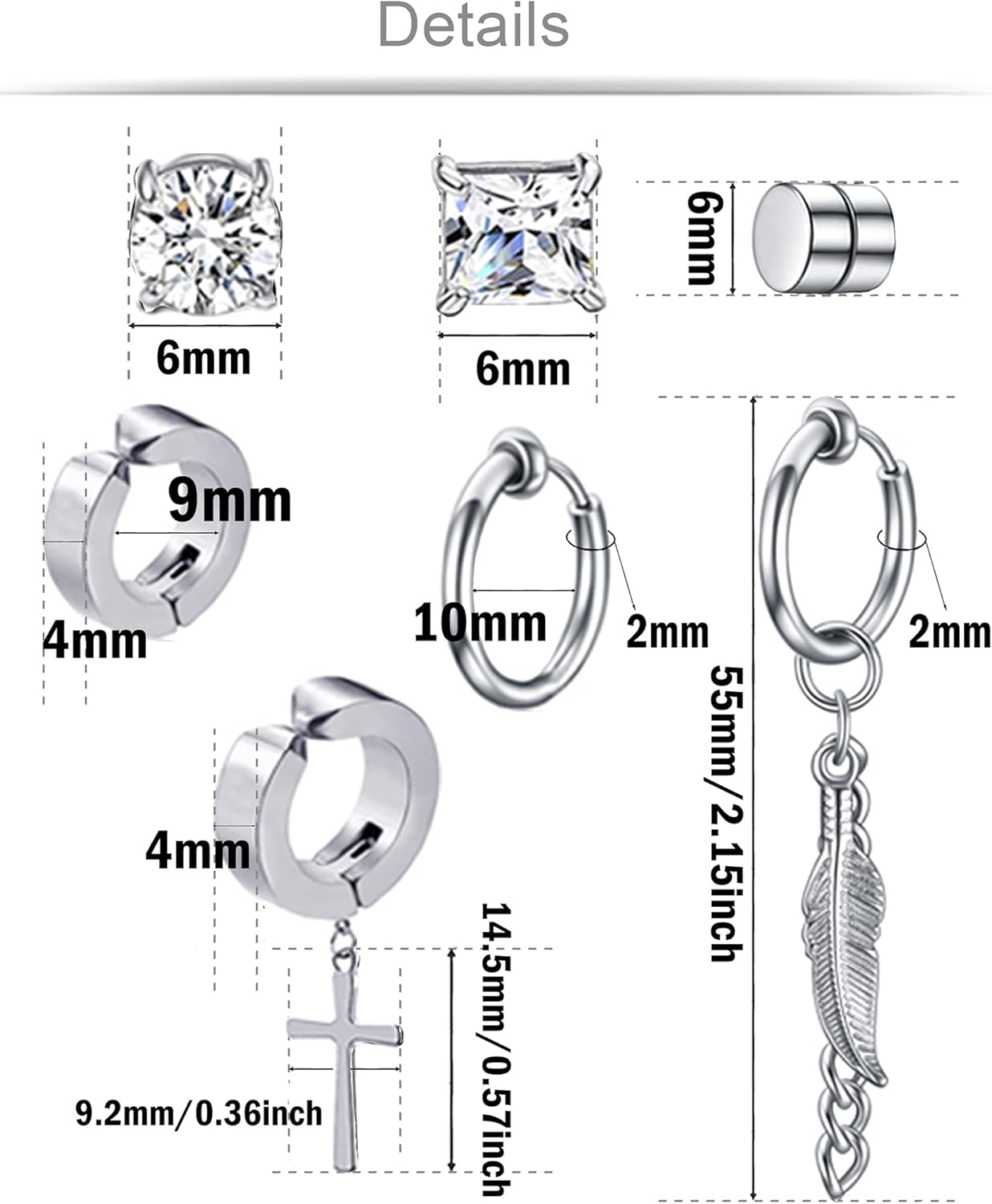 7 Pairs Magnetic Stud Earrings Stainless Steel CZ Clip On Earring Non-Piercing Huggie Hoop Earring Chain Feather Pendant Drop Dangle Earrings Set For Women Men Black Silver Tone - Image 2