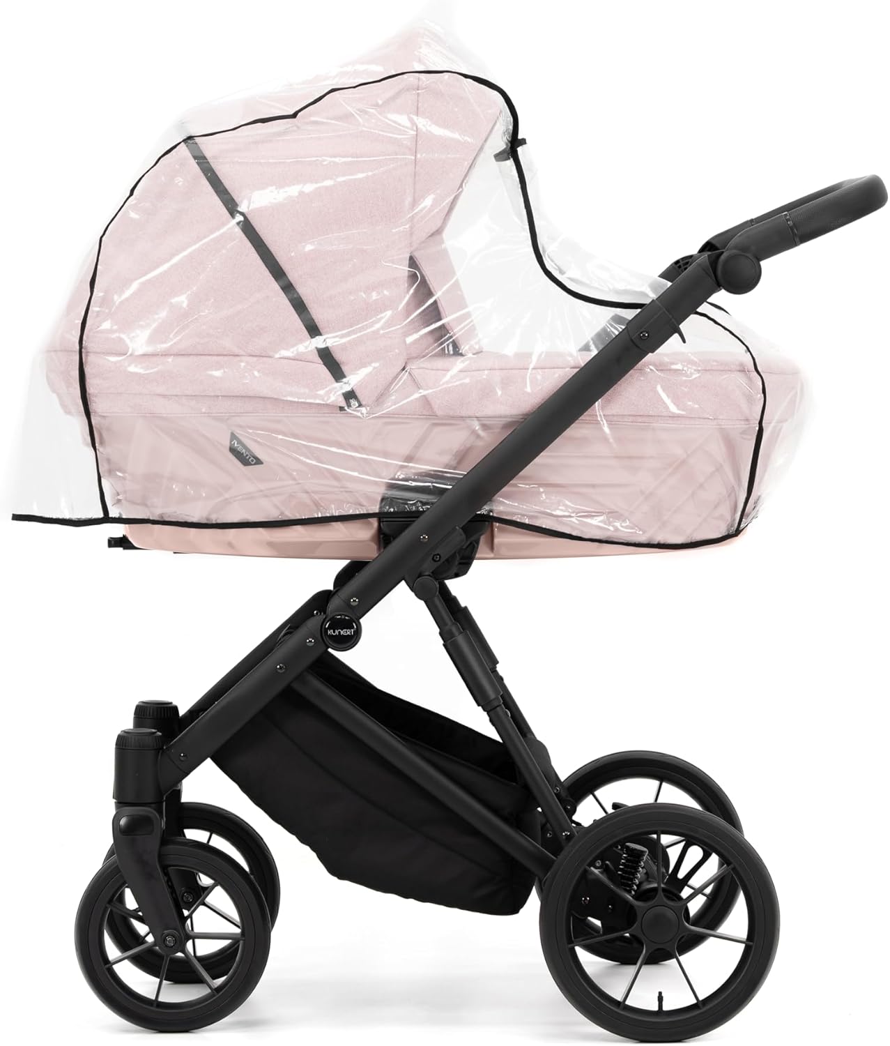 The stroller with a clear rain cover installed over the bassinet, protecting it from the elements.