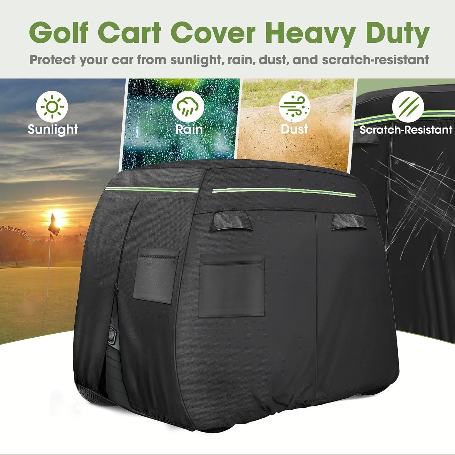 Golf Cart Cover 2/4/4+2 Passenger Heavy Duty Universal Fit for Yamaha EZGO Club Car, 600D Waterproof Windproof Sunproof Golf Cart Seat Covers with Reflective Strips, Zippered Pockets, Zipper Doors