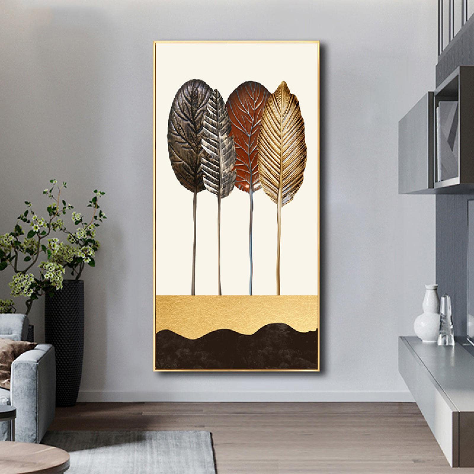 Impresiones en lienzo Carteles de hojas doradas Imágenes artísticas de pared para sala de estar Decoraciones de interior Hogar moderno Pintura de pared nórdica Marco interior de 80x160 cm