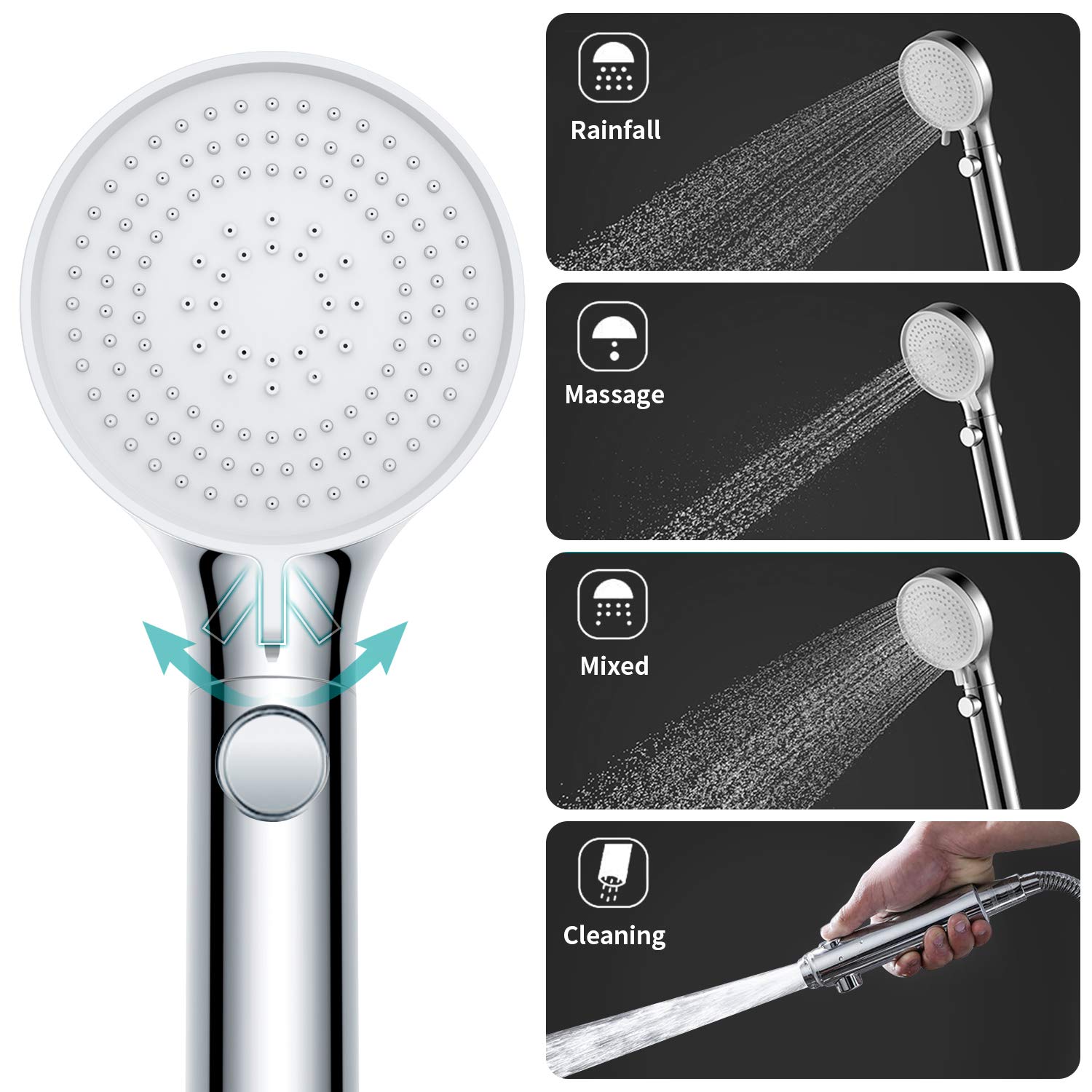 MIAOHUI Pommeau de douche avec tuyau et interrupteur marche/arrêt, 3 réglages haute pression, pommeau de douche amovible avec tuyau, support d'angle réglable, support de baguette basse portée, chrome