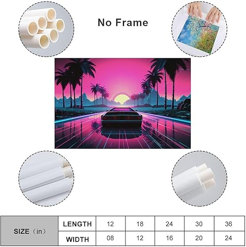 Miniatura 2 de Vaporwave - Póster e impresiones futurista de automóvil con diseño de palmera retrowave de los años 80, arte de pared para el automóvil, decoración