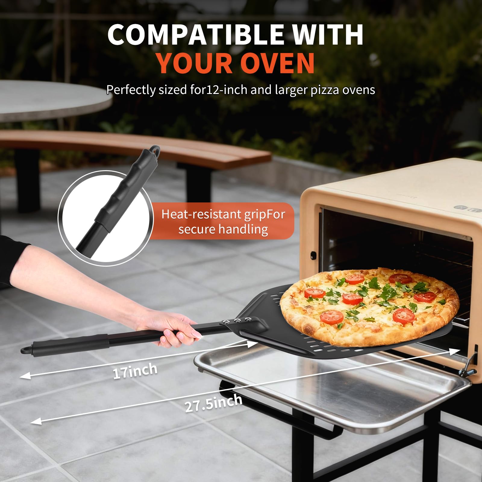 Perforierter Pizzaschieber 12 zoll Pizza Schaufel aus Harteloxiertem Aluminium mit 32cm Pizzamesser für Hausgemachte Pizza & Brot ideal für Pizzastein Backofen & Grill