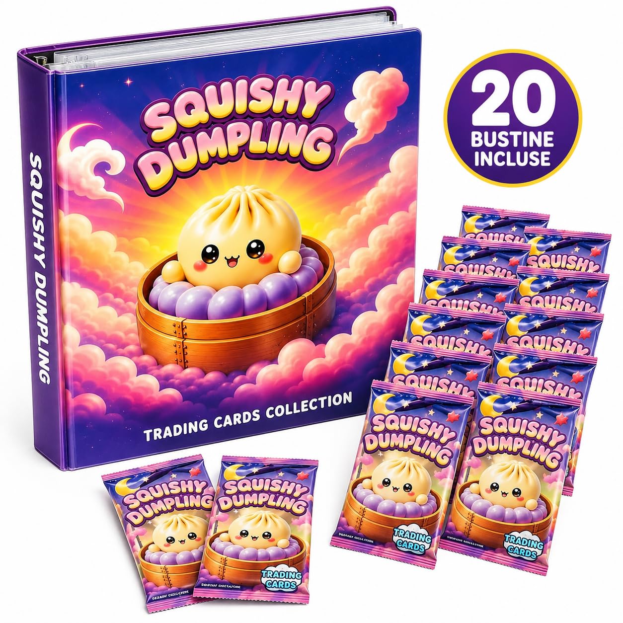 SQUISHY DUMPLING DIRAMIX Raccoglitore + 20 bustine di Cards | Album ufficiale con 20 bustine di carte, ideale per iniziare o ampliare la collezione Squishy Dumpling.