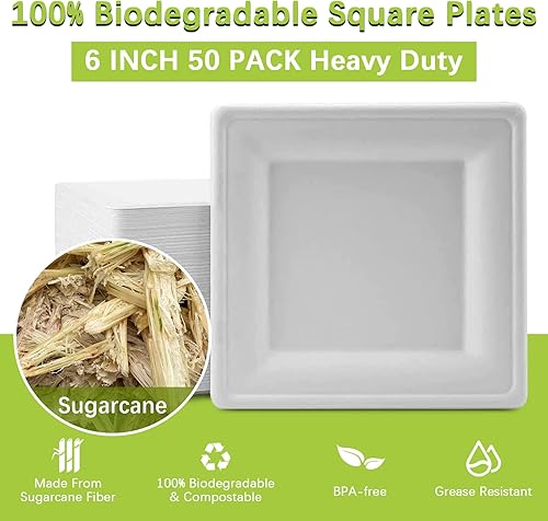 Miniatura 2 de BangShou Paquete de 50 platos de papel cuadrados compostables de 6 pulgadas, platos de papel resistentes blancos, platos desechables biodegradables,