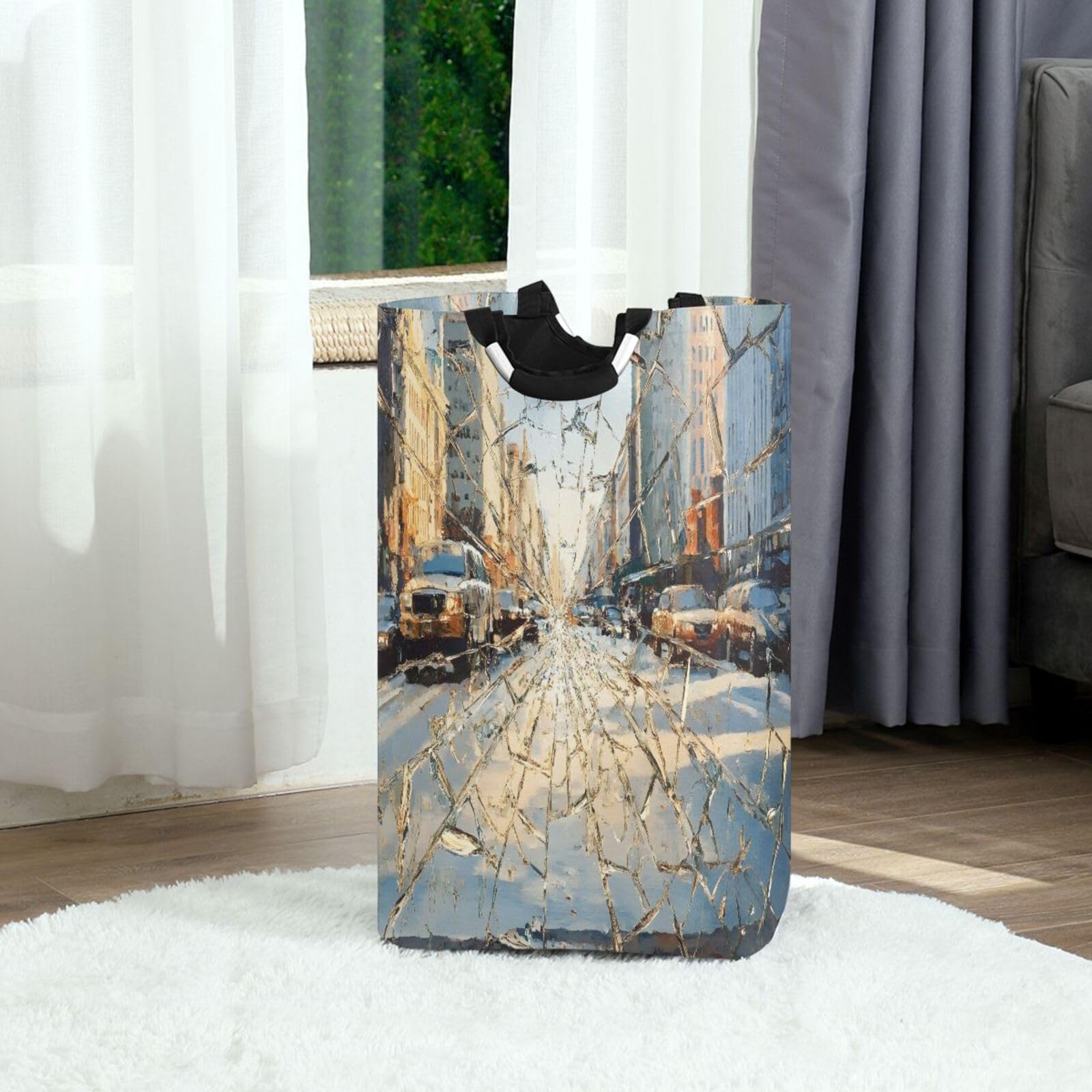 Jihqo Laundry Hamper Basket Broken Windshield with City Cars Print Collapsible Nursery Storage Bin Waterproof Clothing Baskets for Home Bedroom Bathroom Washing Room