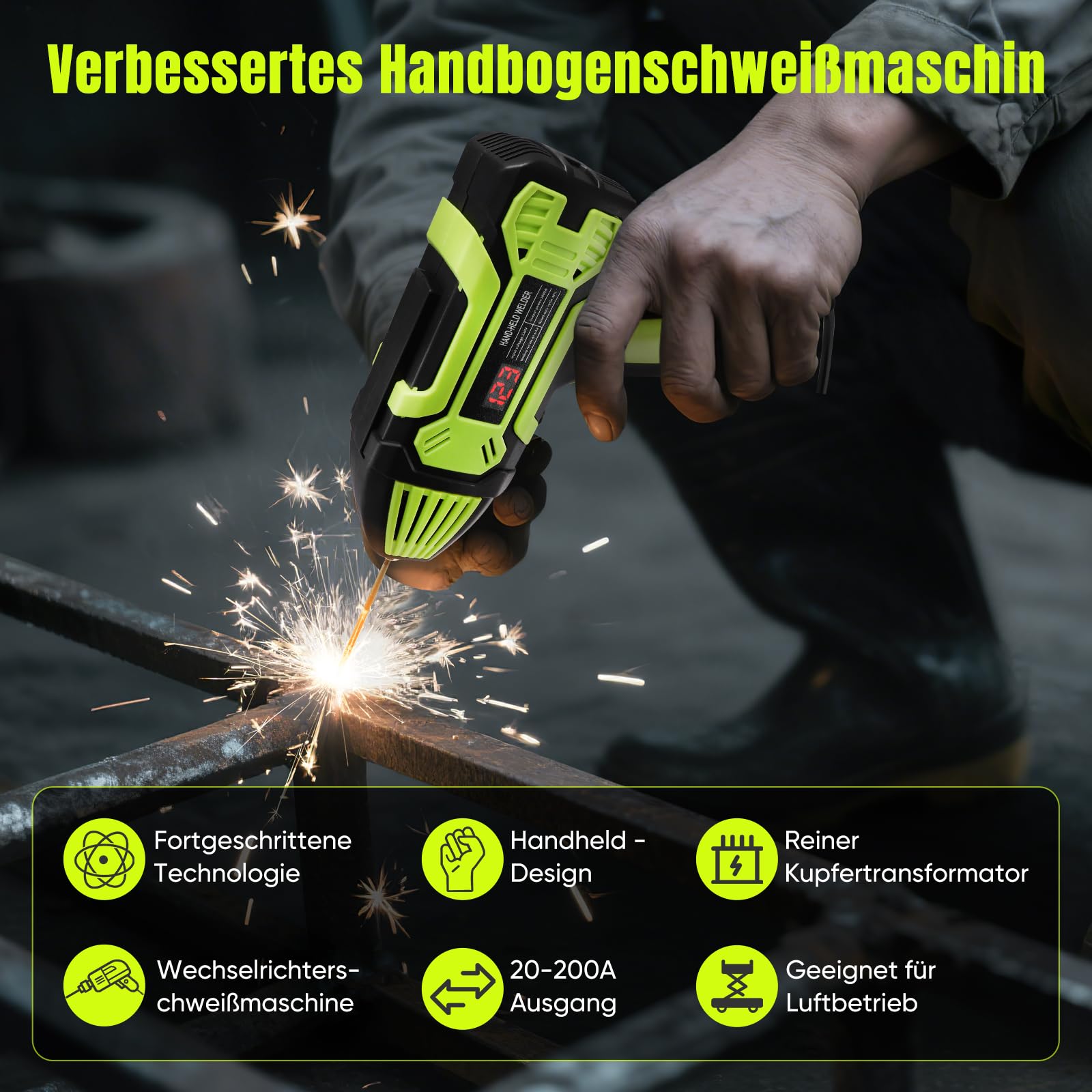 Lichtbogenschweißgerät, 220 V Handschweißgerät mit 6 Variable Stromeinstellungen, 20-200ampfbarem Ausgangsstrom, geeignet für 3/32 "-1/8" (2,4-3,2 mm) Schweißstangen (grün)