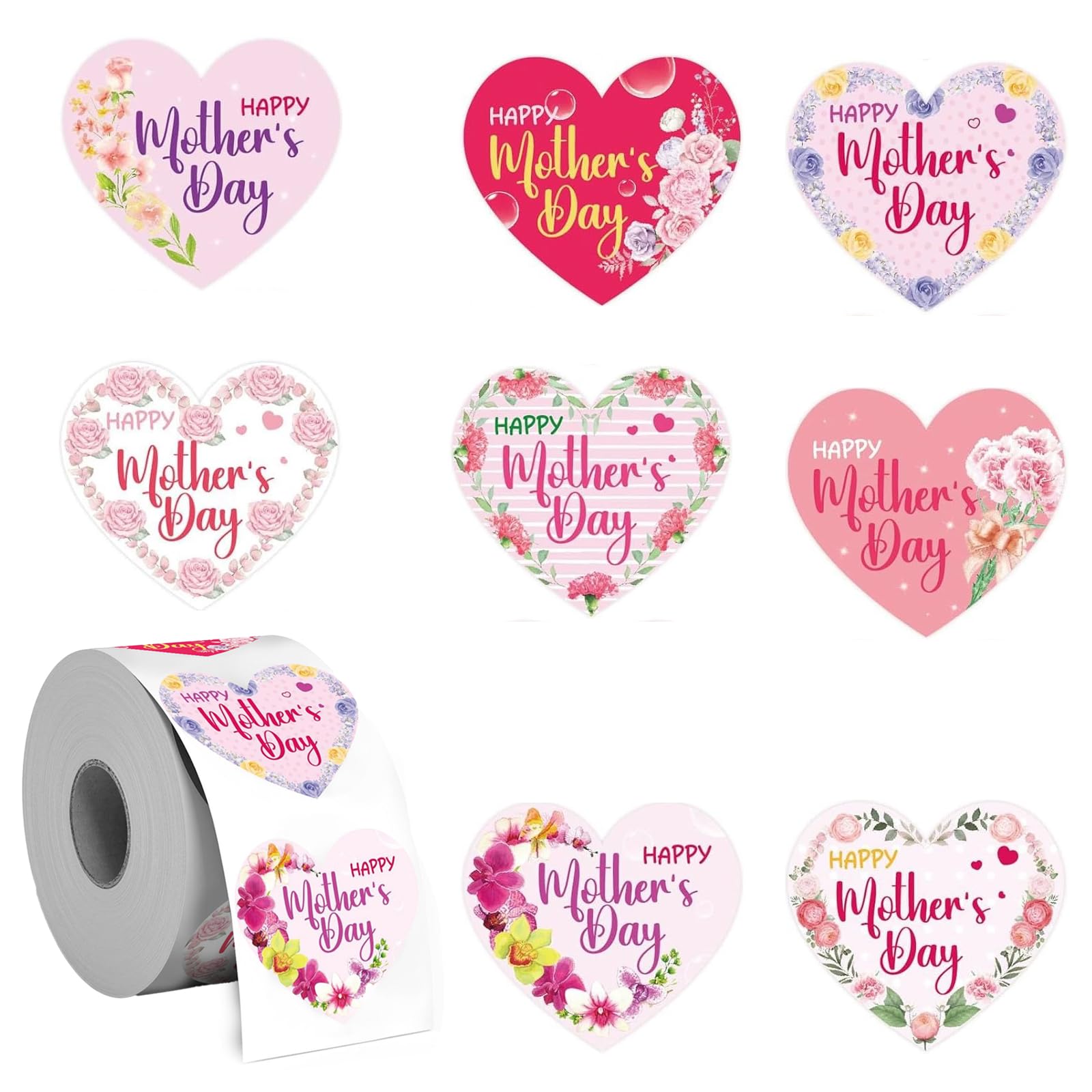 Zmupl 500pcs Happy Mothers Day Stickers Roll, Pink Flower Heart Shaped Happy Mothers Day Stickers Self Adhesive Paper Labels for Gifts Decorations Cards Making Envelopes Sealing, Diameter 2.5cm/1inch