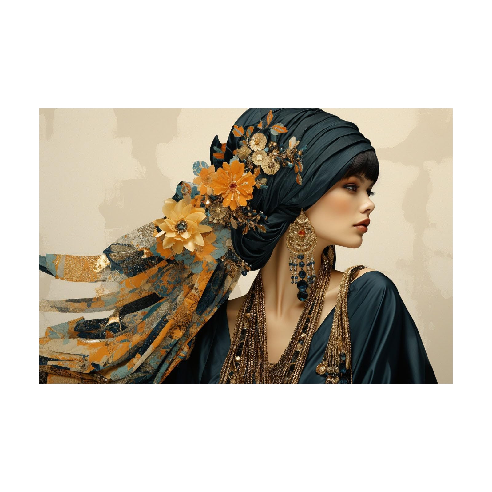 TERUEA Glamorous Art Deco Inspired Woman With Floral Turban And Golden Flower Jewelry Women Wall Art Canvas Artwork Canvas Art Home Decor Home Wall Decor(Gold)-70x100cm Unframed
