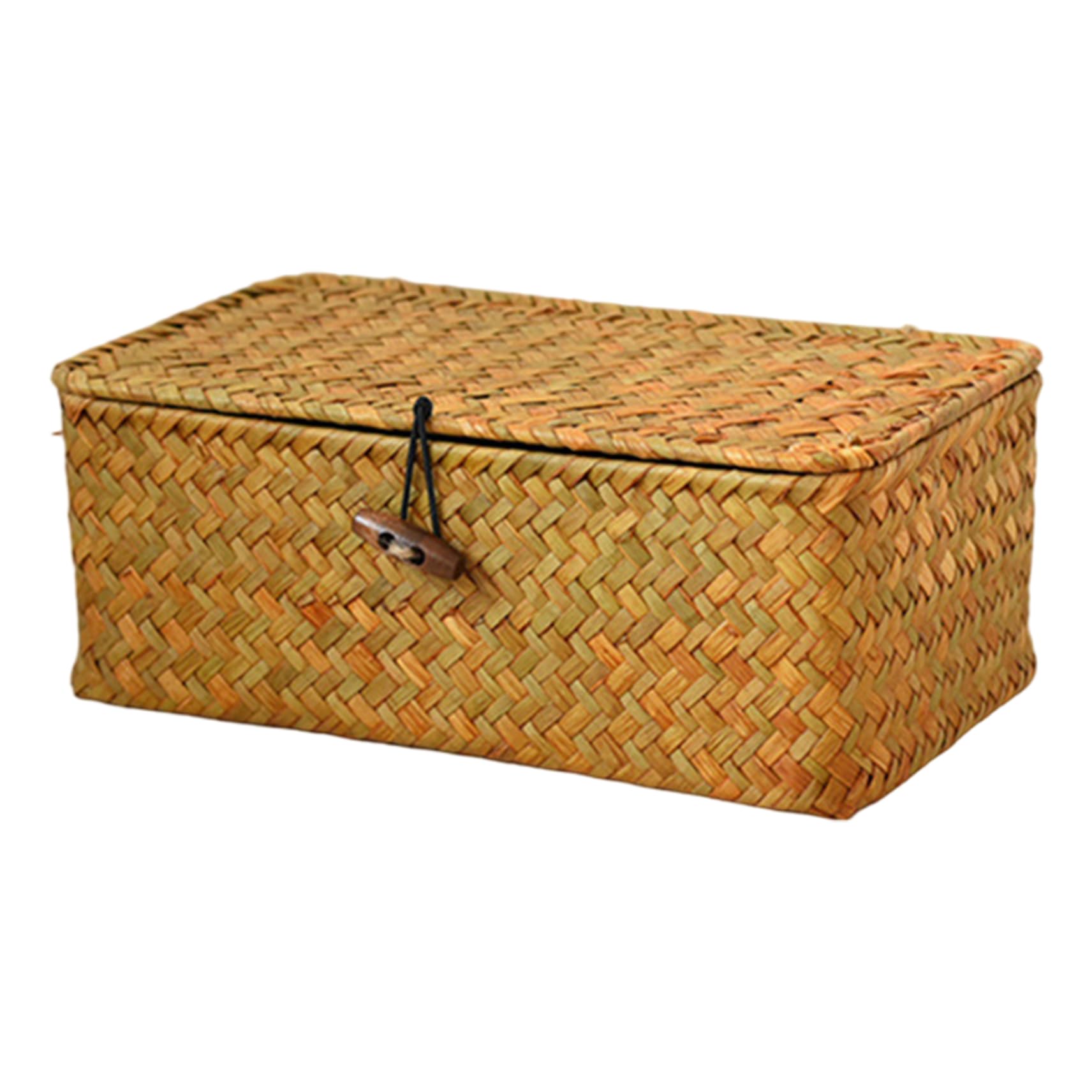 Wicker Baskets Wicker Basket with Lid Rectangular Natural Woven Storage Basket Decorative Storage Container for Makeup, Tolitery, Sewing Supplies, Baby Toys