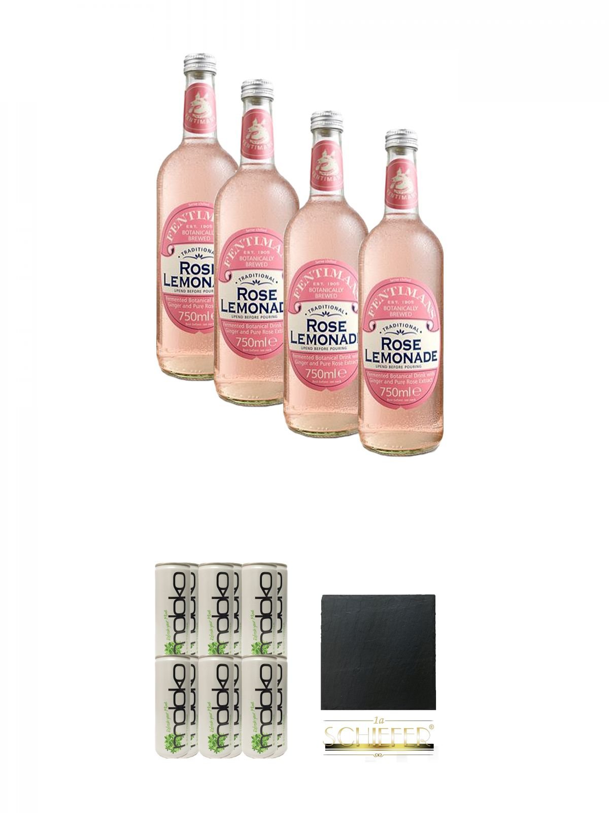 Fentimans Rose Lemonade 4 x 750 ml + Moloko Softdrink 12 x 0,25 Liter + Schiefer Glasuntersetzer eckig ca. 9,5 cm Durchmesser