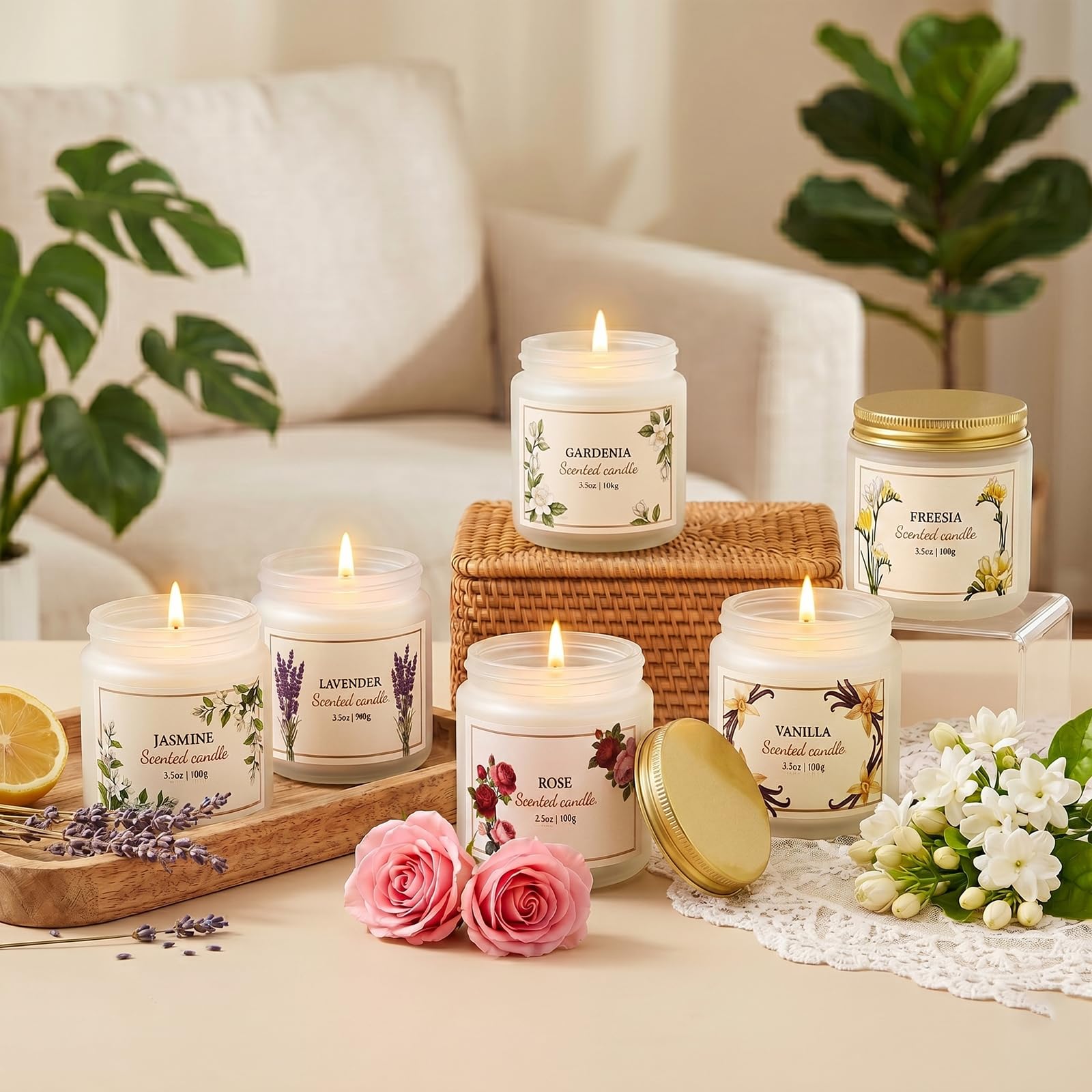 6er-Pack Duftkerzen für Frauen – Lavendel, Vanille, Gardenie, Rose, Jasmin, Freesie (blumige Düfte), 21 oz Kerzen aus natürlichem Sojawachs zur Entspannung und als Geburtstagsgeschenk für Frauen