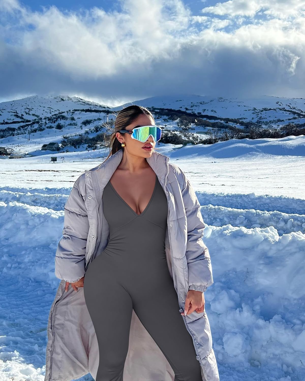 OQQ Women Jumpsuits Long Sleeve Deep V Neck Ruched Flared Jumpsuit - Image 6