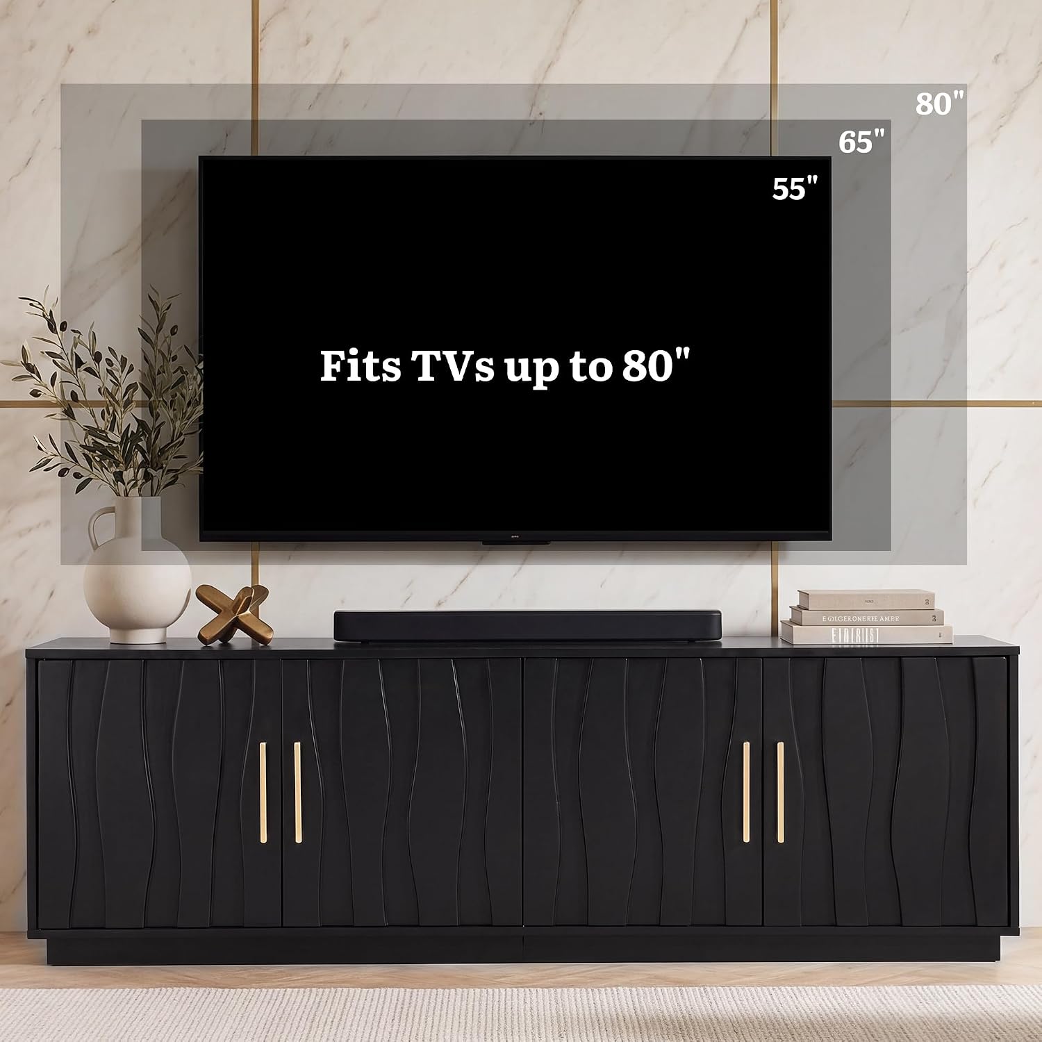 A television placed on the TV stand, with an overlay indicating it fits TVs up to 80 inches.