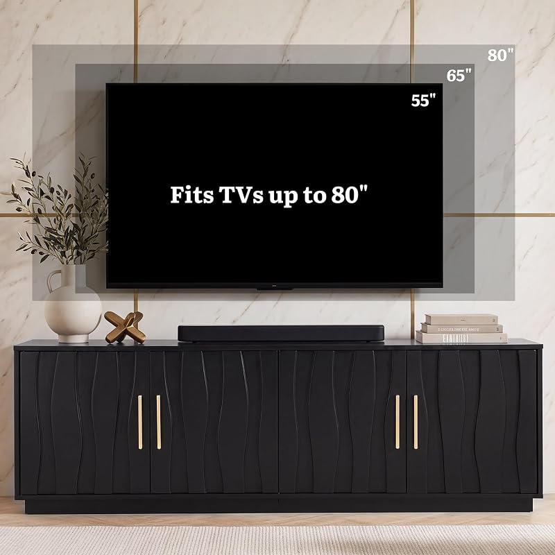 YITAHOME 70" Mid Century Modern TV Stand for 80 Inch TV, Storage, Black image 3