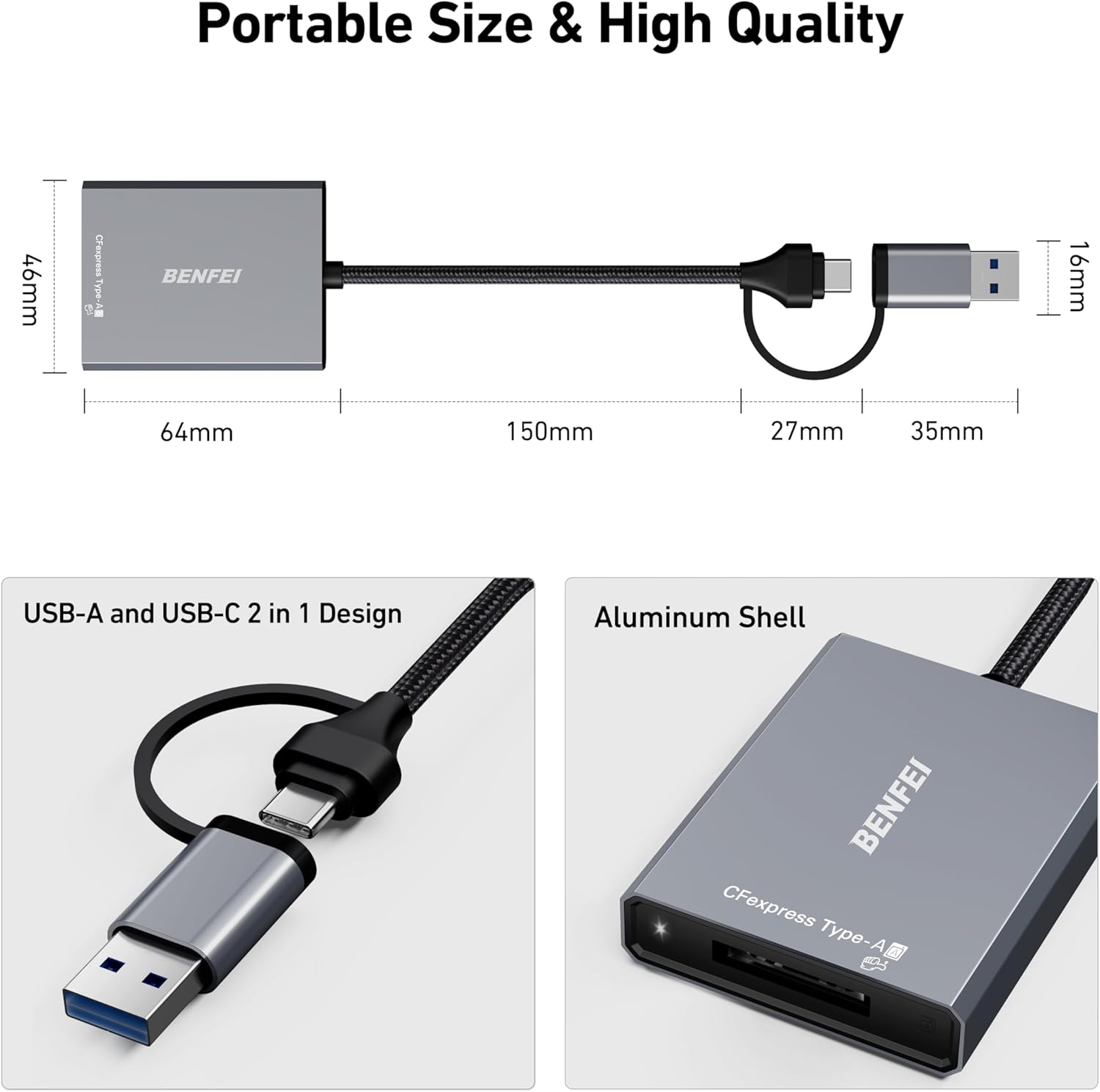 Dettaljati view of the BENFEI CFexpress Type A Card Reader showing its dimensions, USB-A and USB-C 2-in-1 design, and aluminum shell.