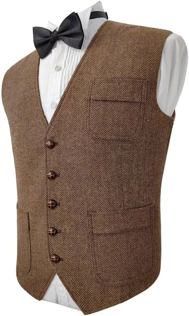 Mens Vintage Tweed Suit Vest V Neck Casual Wool Waistcoat for Wedding Groomsmen Men's Formal Vest - Image 5