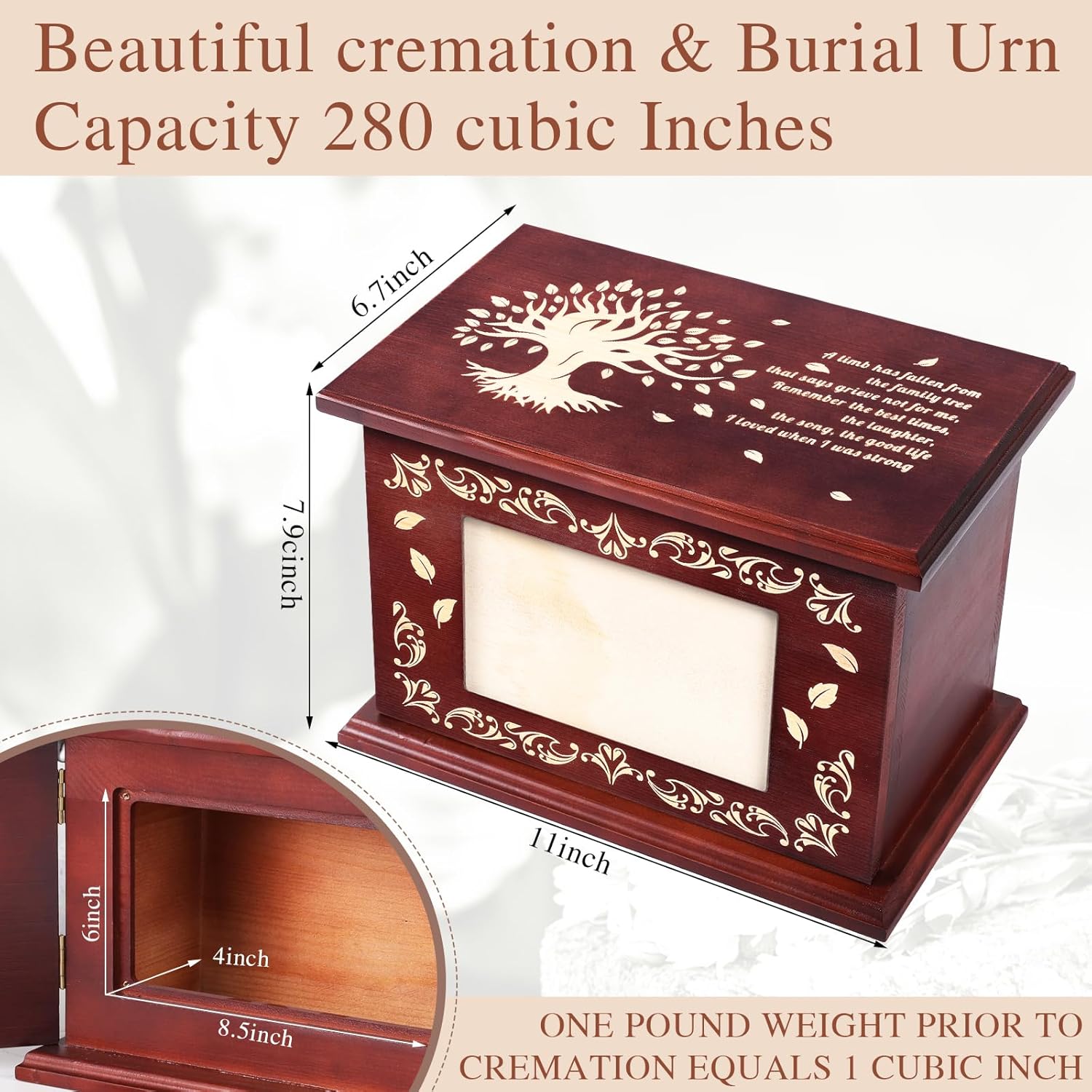 Cremation Urns for Human Ashes Adult Male or Female, Funeral Memorial Urns for Ashes with Photo Frame, Solid Walnut Wooden Urns Box and Casket for Men Women, Burial Urn for Adults 280LBS - Image 2