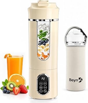 Beyn 530mL Portable Blender, Personal Smoothie Maker, USB-C Cordless, 12 Stainless Steel Blades, Leakproof Travel Cup, Digital One-Touch Self-Clean for Gym Home Office, Yellow