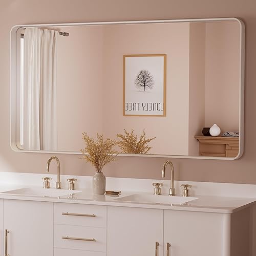 Miniatura 36 de TETOTE Espejo de 60 x 36 pulgadas para baño, espejo de tocador dorado de latón cepillado, espejo de pared grande rectangular con marco de metal Oro