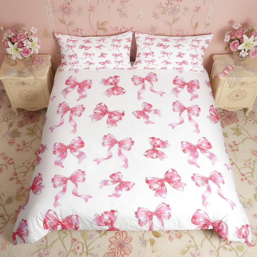 Parure de lit enfant rose motif nœud papillon aquarelle taille M housse de couette taie d'oreiller