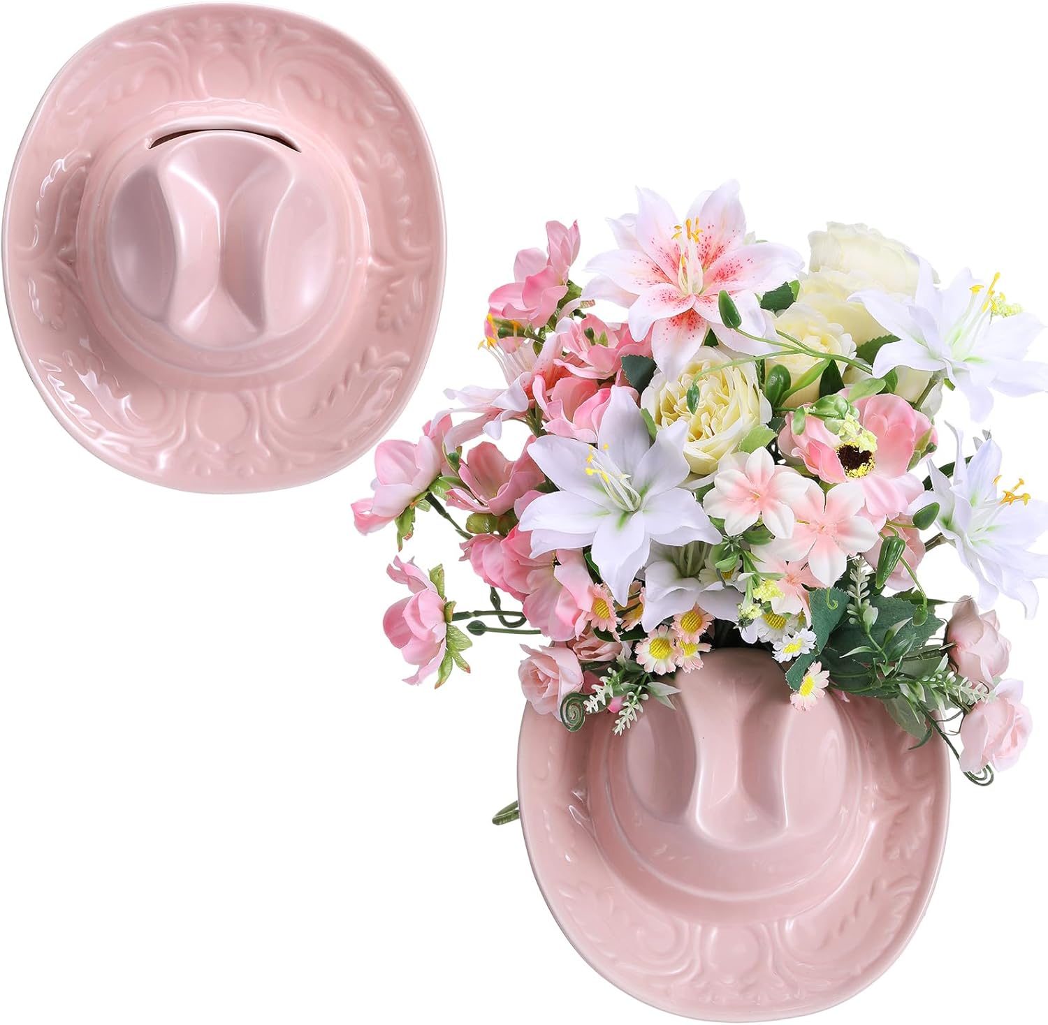 Ceramic Cowgirl Hat Vase Western Themed Hat Hanging Wall Indoor Planter Vase Flower Pot Cowboy Decoration Cowboy Party Table Centerpiece for Bathroom Living Room Office and Home Decor(Pink)