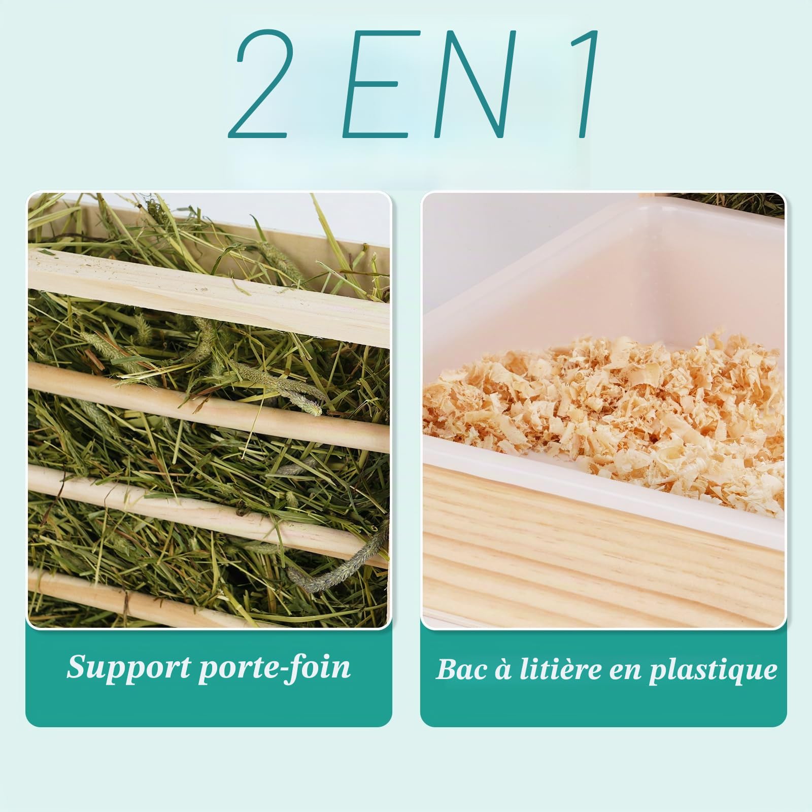 Râtelier à foin 2 en 1 en bois pour hamster avec distributeur automatique et bac à litière