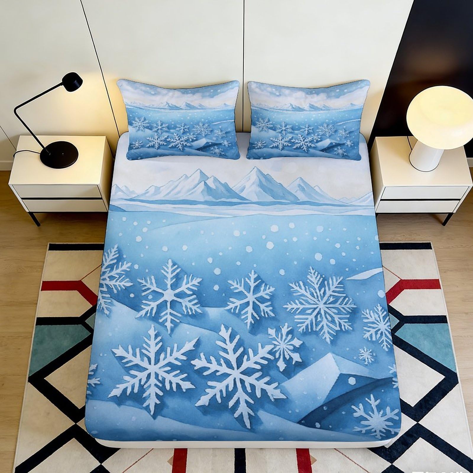Pnayamiorkfel Style-5 3D Printed Snow Mountain Fitted Sheet Microfiber Soft Blue Winter Snowflake Mattress Cover For Bedroom Dorm Decor 90X200x25cm