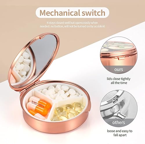 Miniatura 5 de Dynippy Pastillero con bolsillo para espejo, 3 compartimentos, organizador de píldoras de vitaminas para bolso de bolsillo y viajes (redondo, rosa