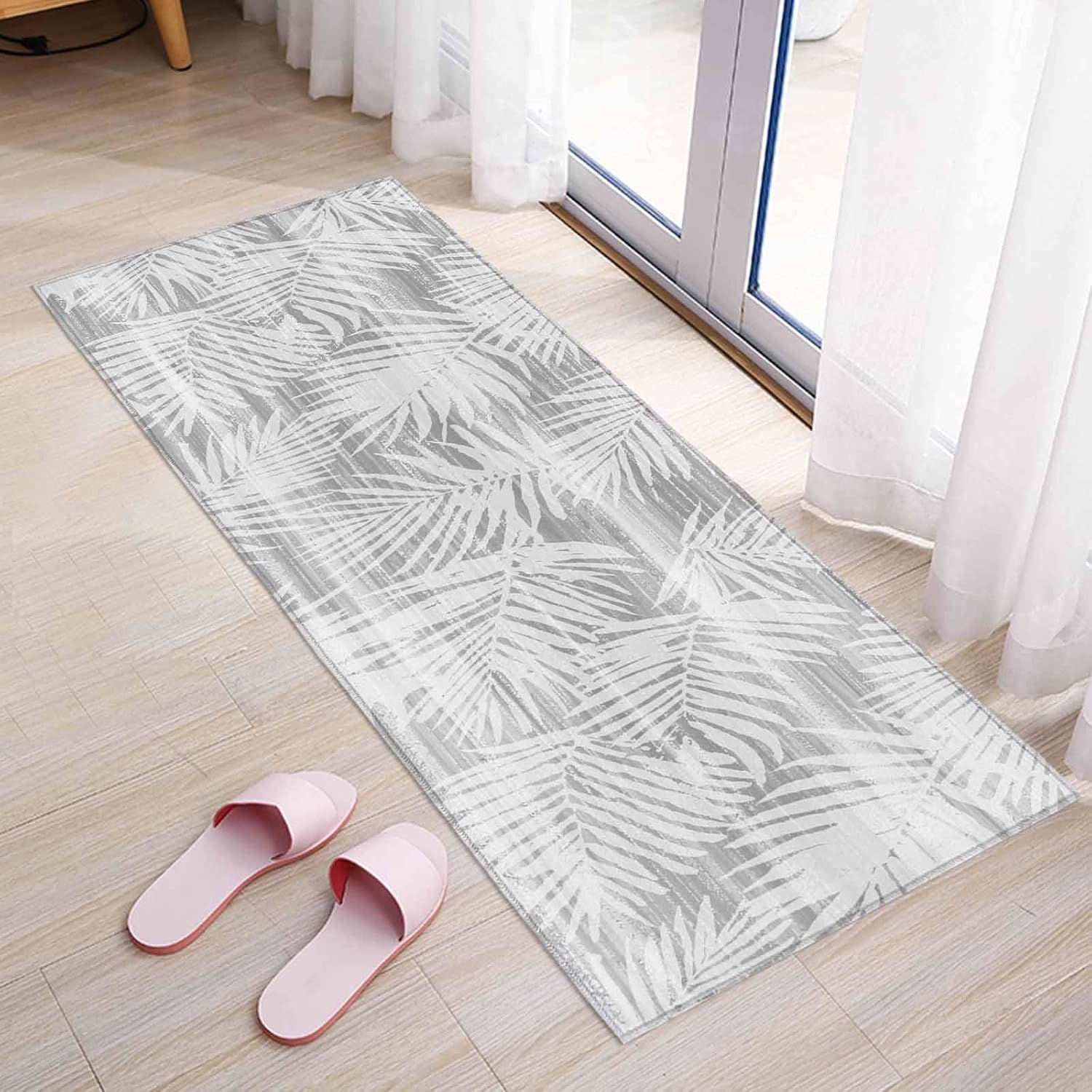 Teamery Kitchen Mats for Floor Modern Gray Palm Leaves Washable Non Slip Kitchen Rugs 1PCS, Boho Tropical Leaves Absorbent Standing Mats for Sink Bathroom Office Living Room 23.6x70.9in